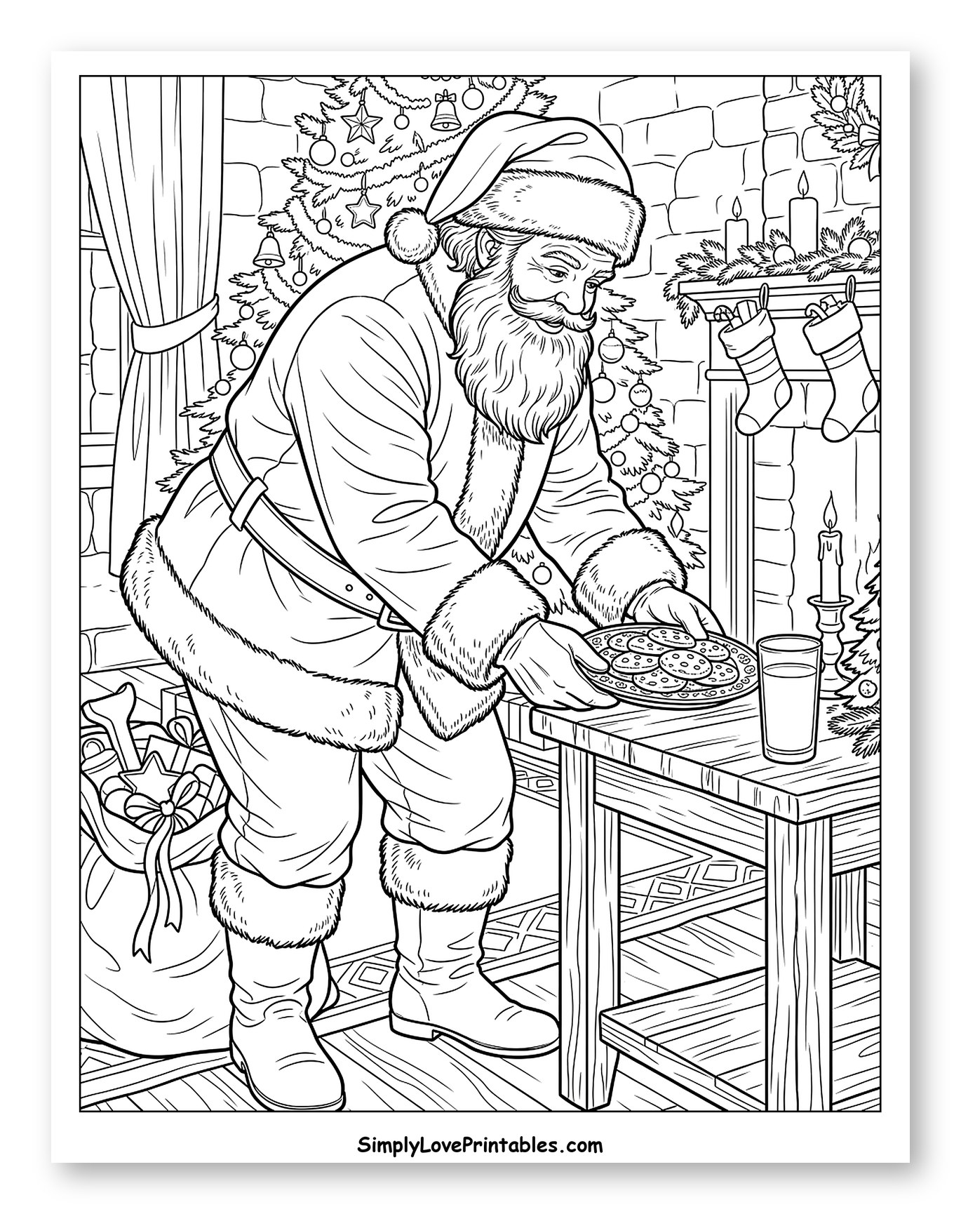 Santa Reaching for Christmas Cookies and Milk Coloring Sheet