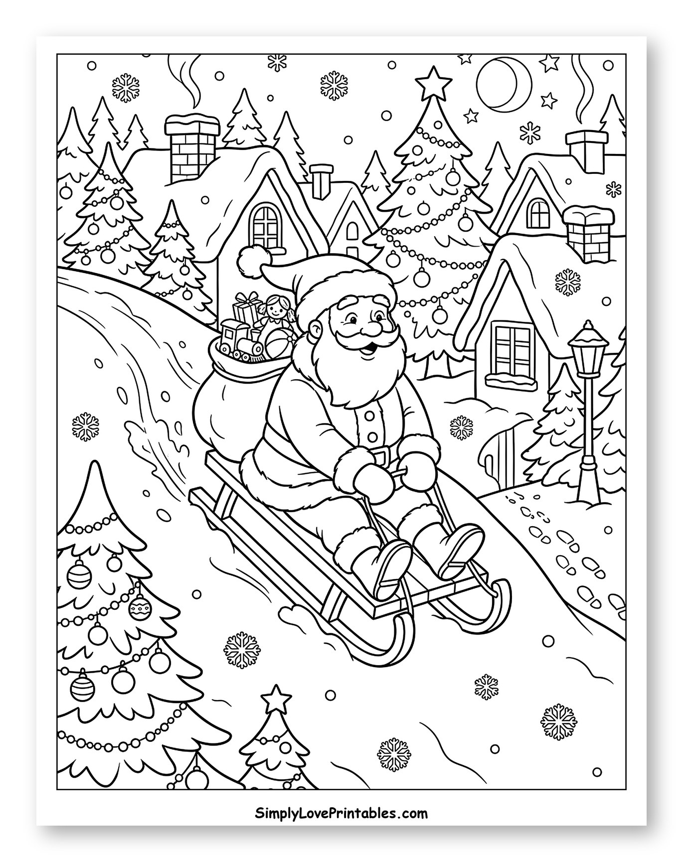 Santa Riding a Sled Through a Christmas Village Coloring Sheet for Kids