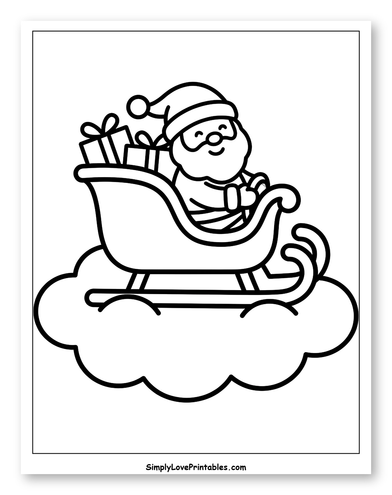 Santa Riding His Sleigh on a Fluffy Cloud Coloring Page for Toddlers