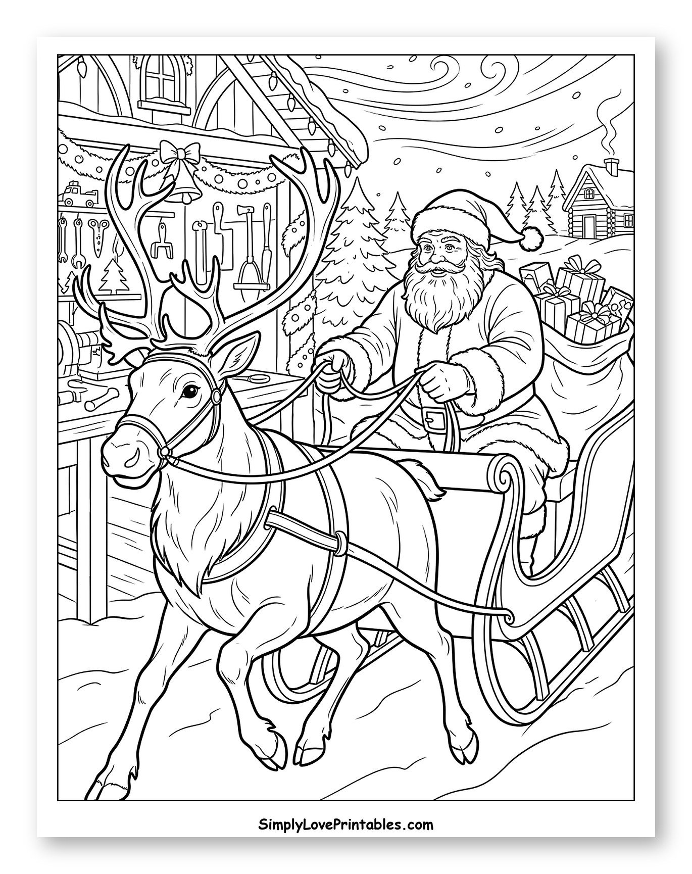 Santa Riding His Sleigh Past His Workshop Coloring Sheet