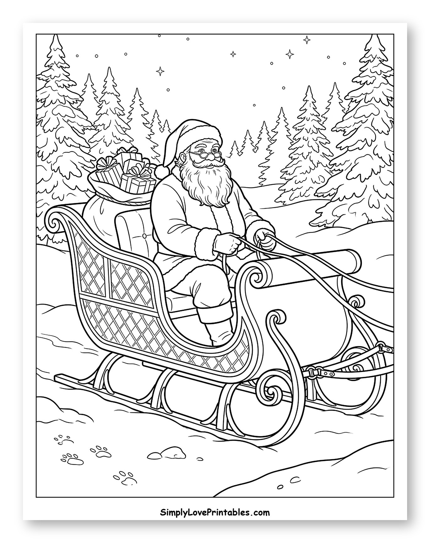 Santa Riding His Sleigh Through a Winter Forest to Color