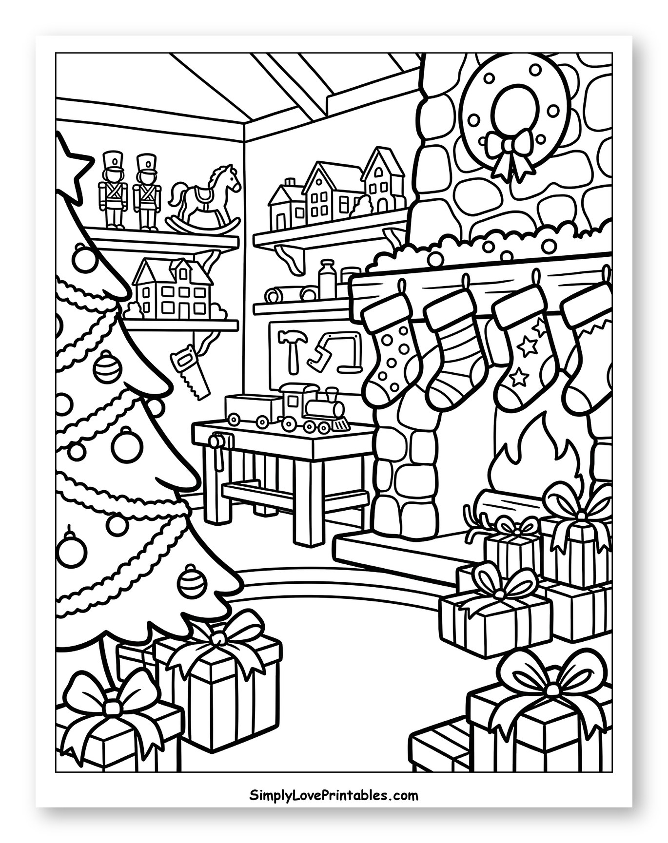 Santa's Cozy Workshop with Toys and Gifts to Color for Toddlers