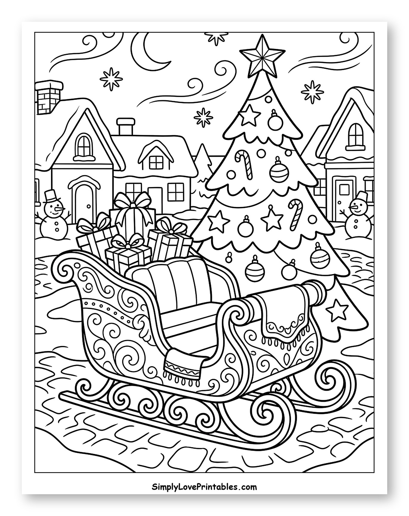 Santa's Gift-Filled Sleigh in a Snowy Village Coloring Sheet for Kids