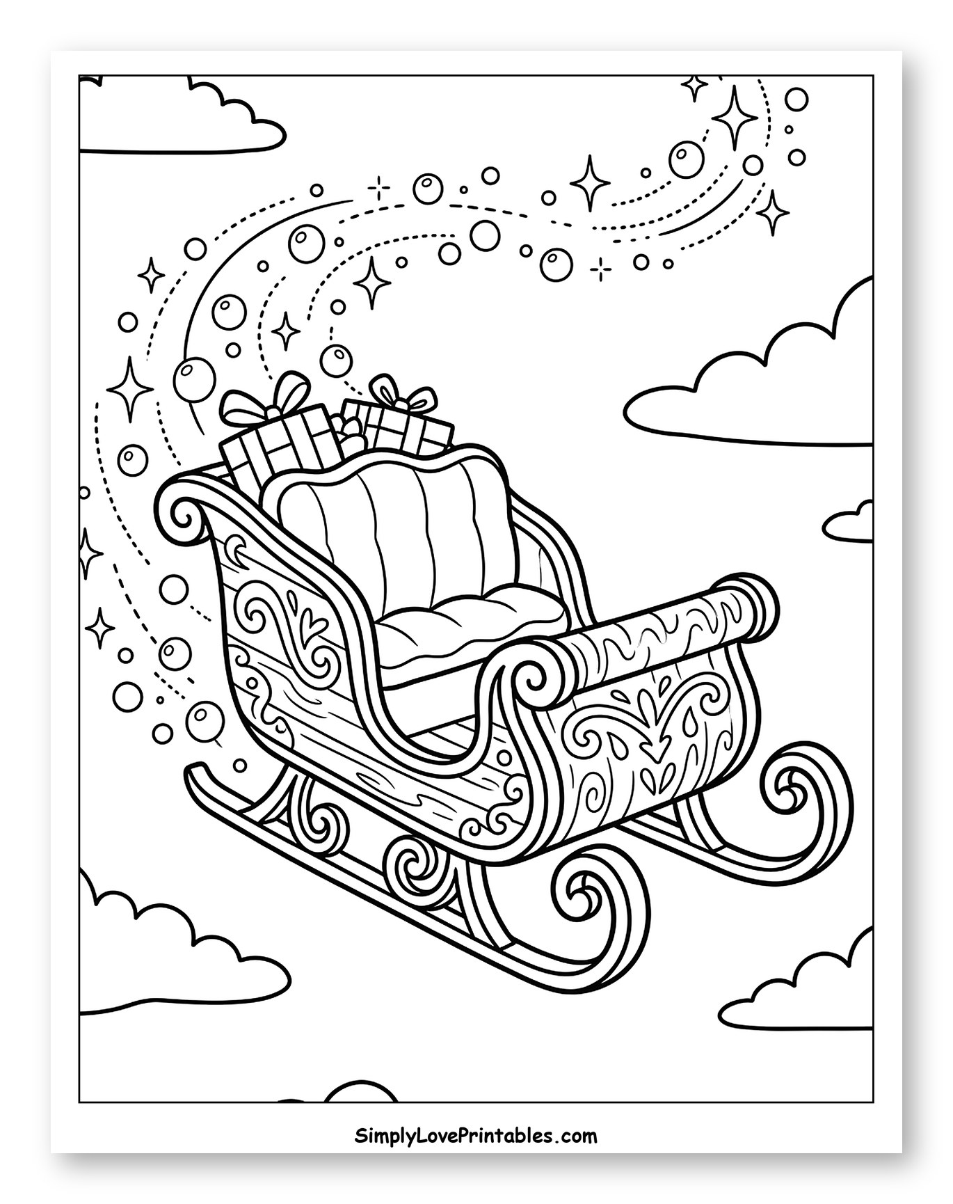 Santa's Magic Sleigh Soaring Through the Clouds Coloring Sheet for Kids
