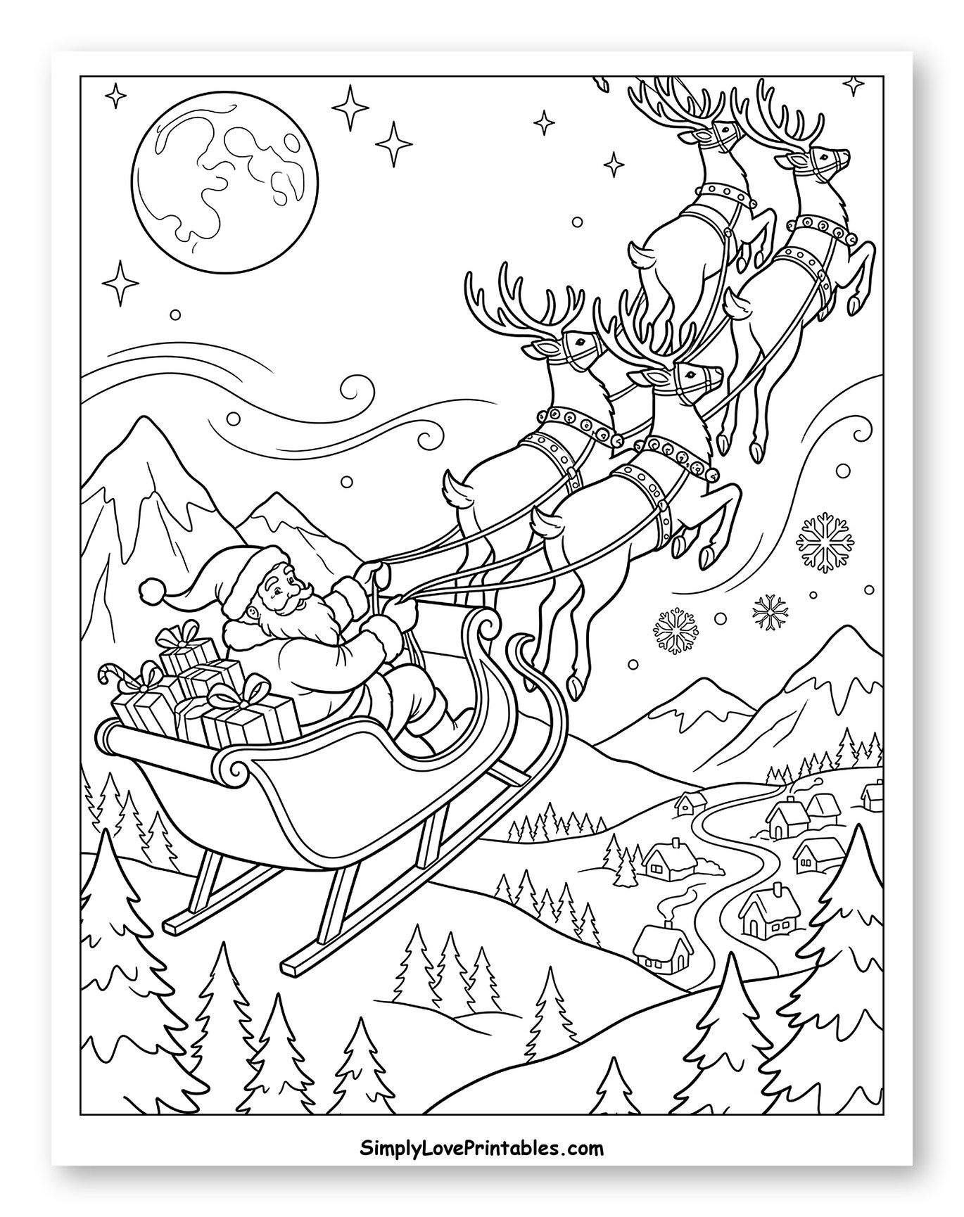 Santa's Sleigh Flying Over a Snowy Village to Color