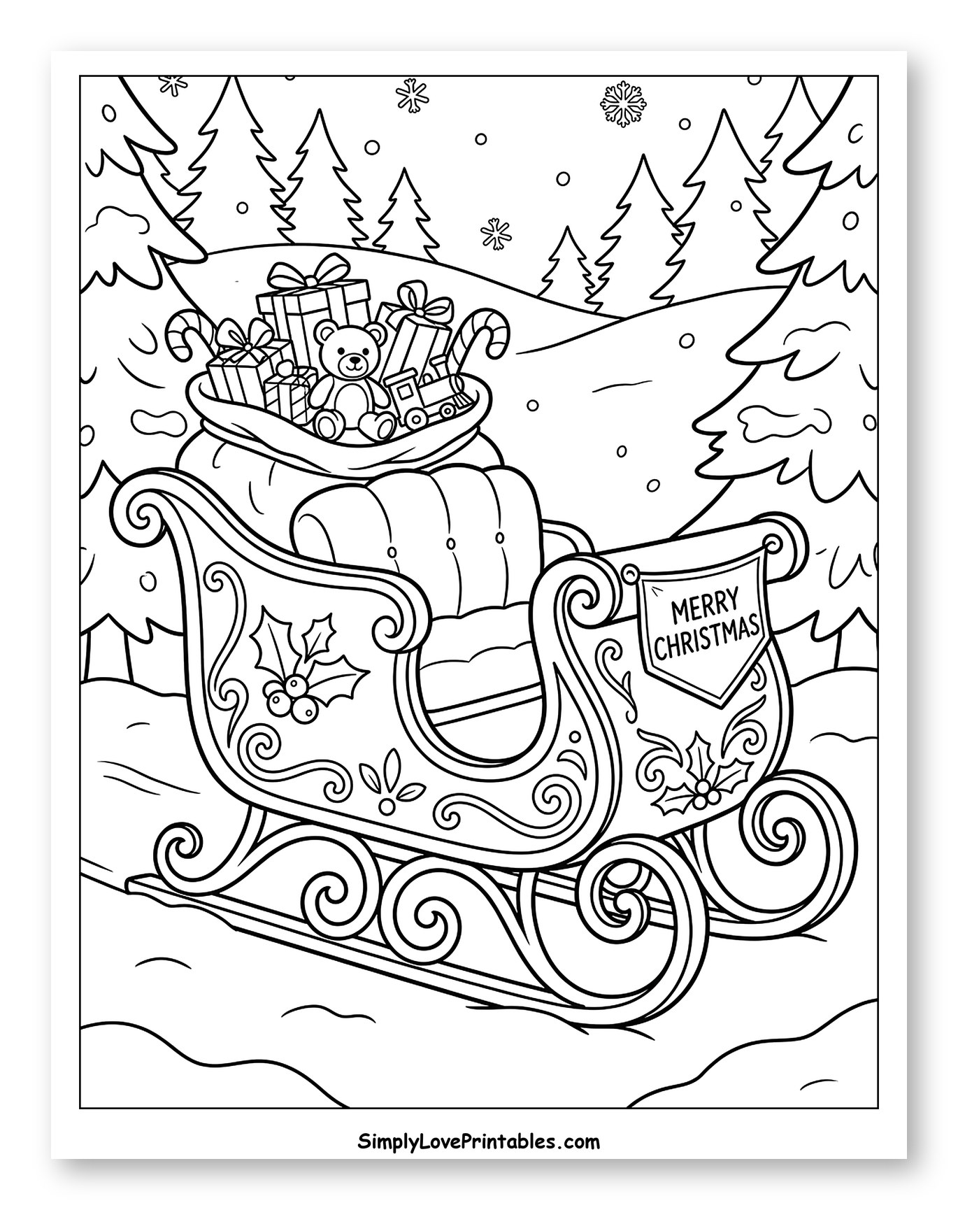Santa's Sleigh Packed with Toys and Presents Coloring Sheet for Kids