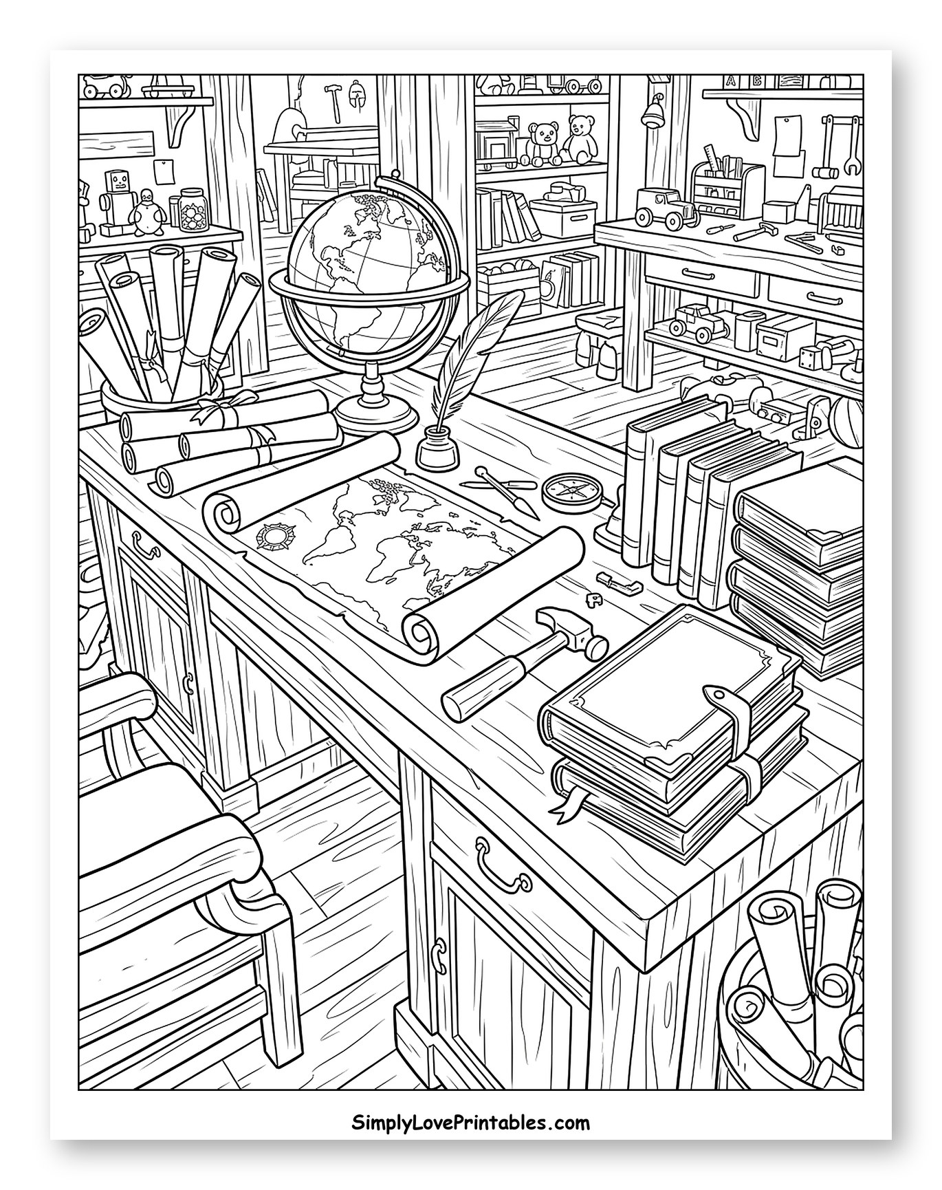 Santa's Workshop Desk with Globe and Maps Coloring Page