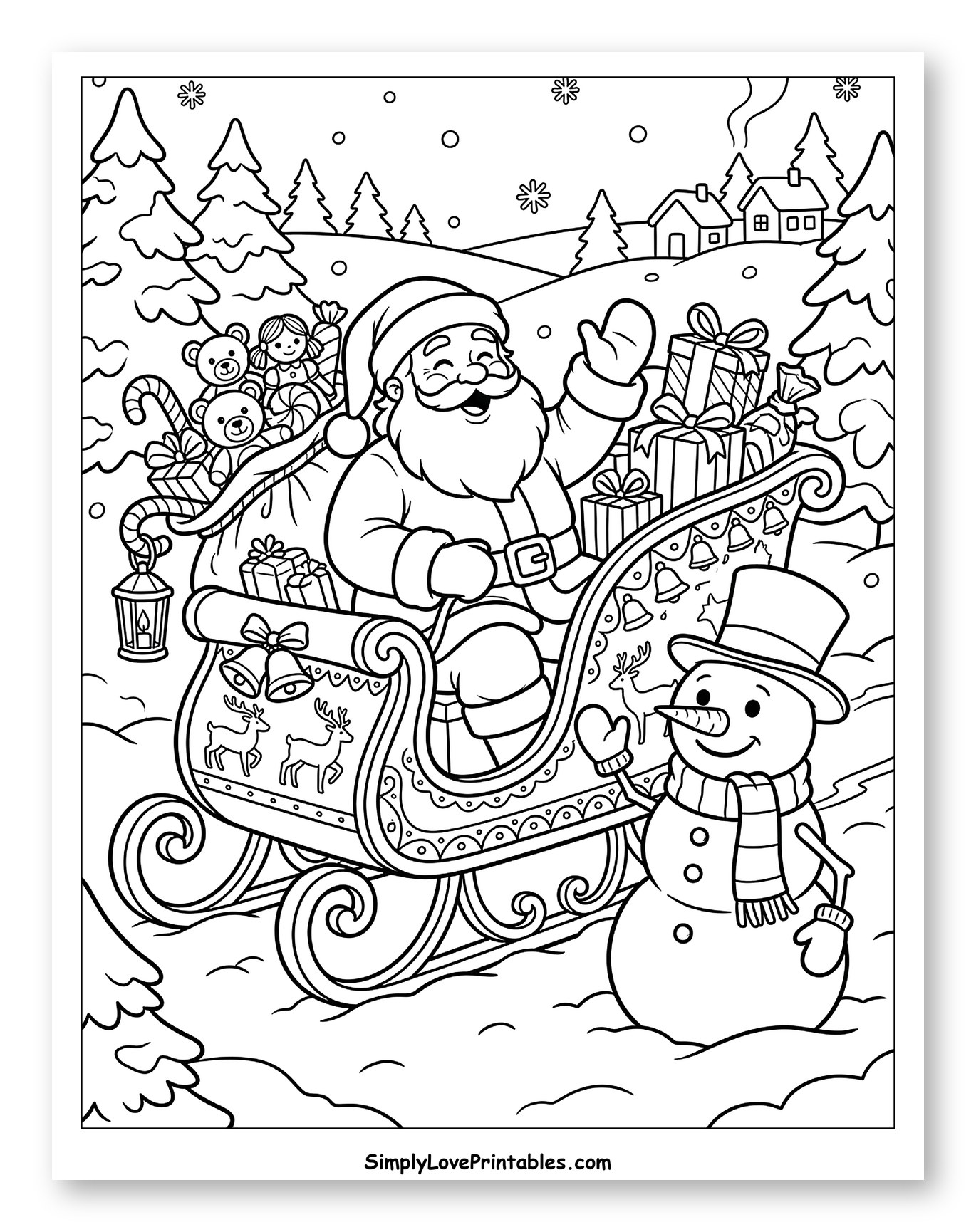 Santa Waving from His Sleigh Next to a Snowman Coloring Sheet for Kids