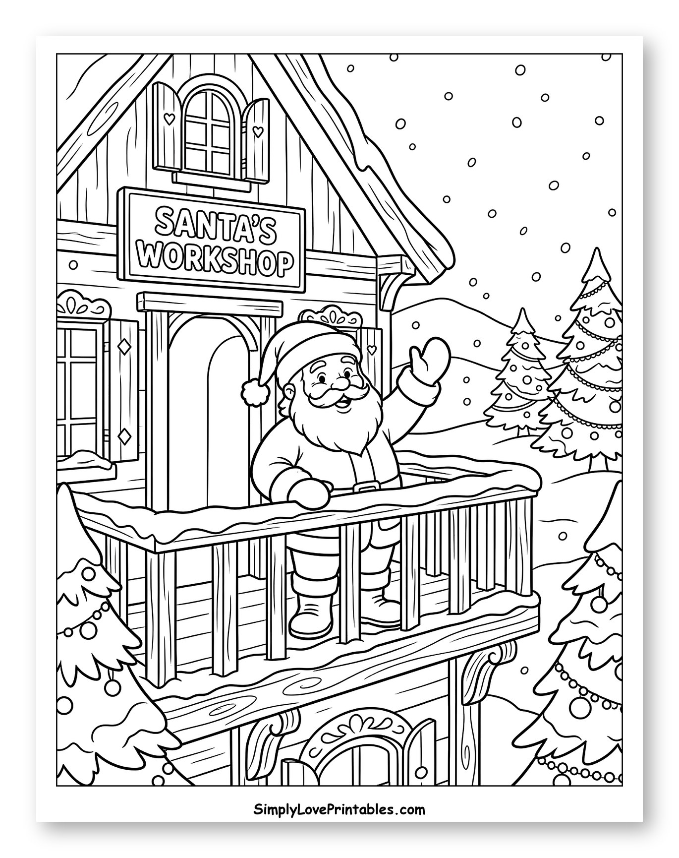 Santa Waving from His Snowy Workshop Balcony