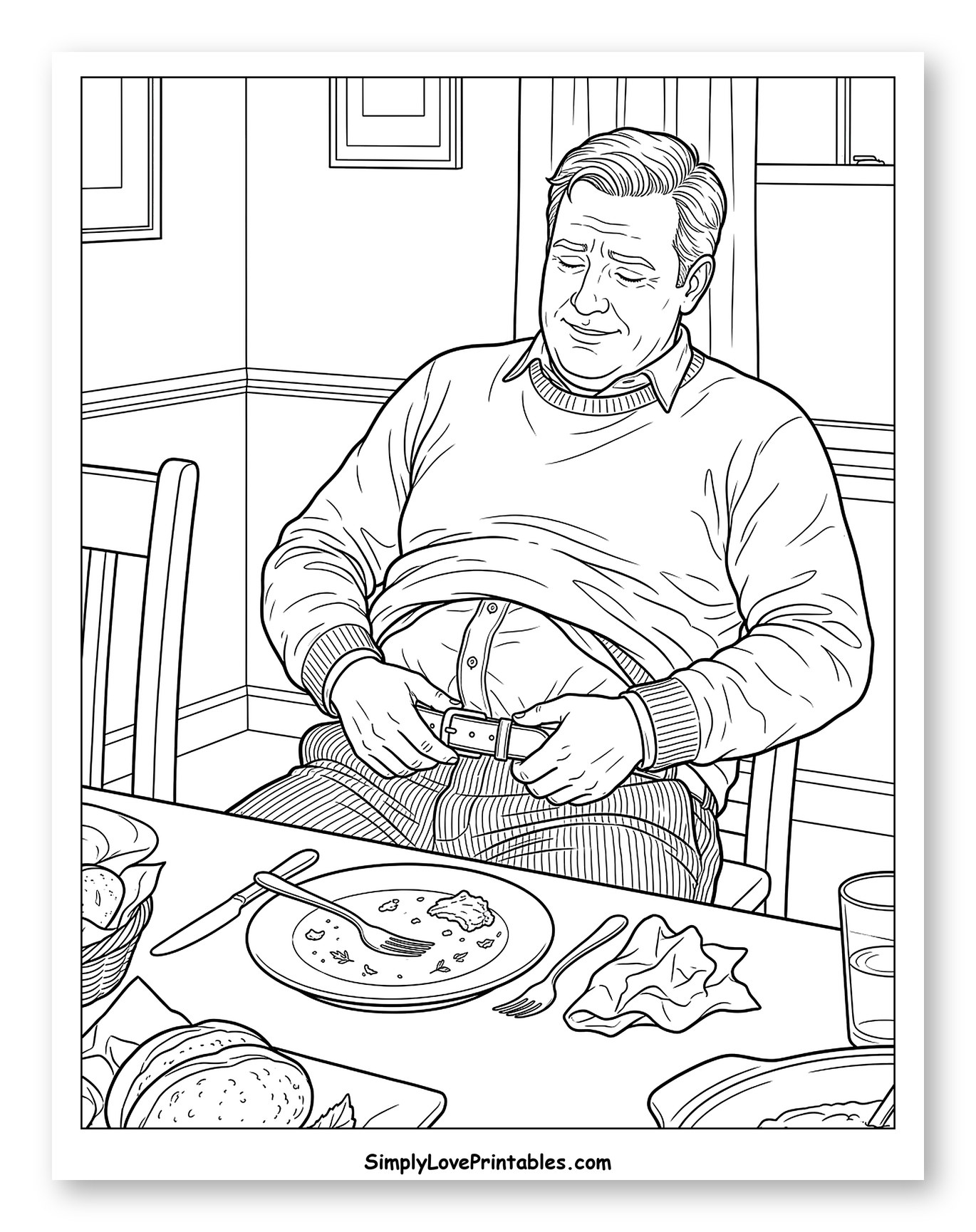 Satisfied Man Loosening His Belt After a Feast Coloring Sheet
