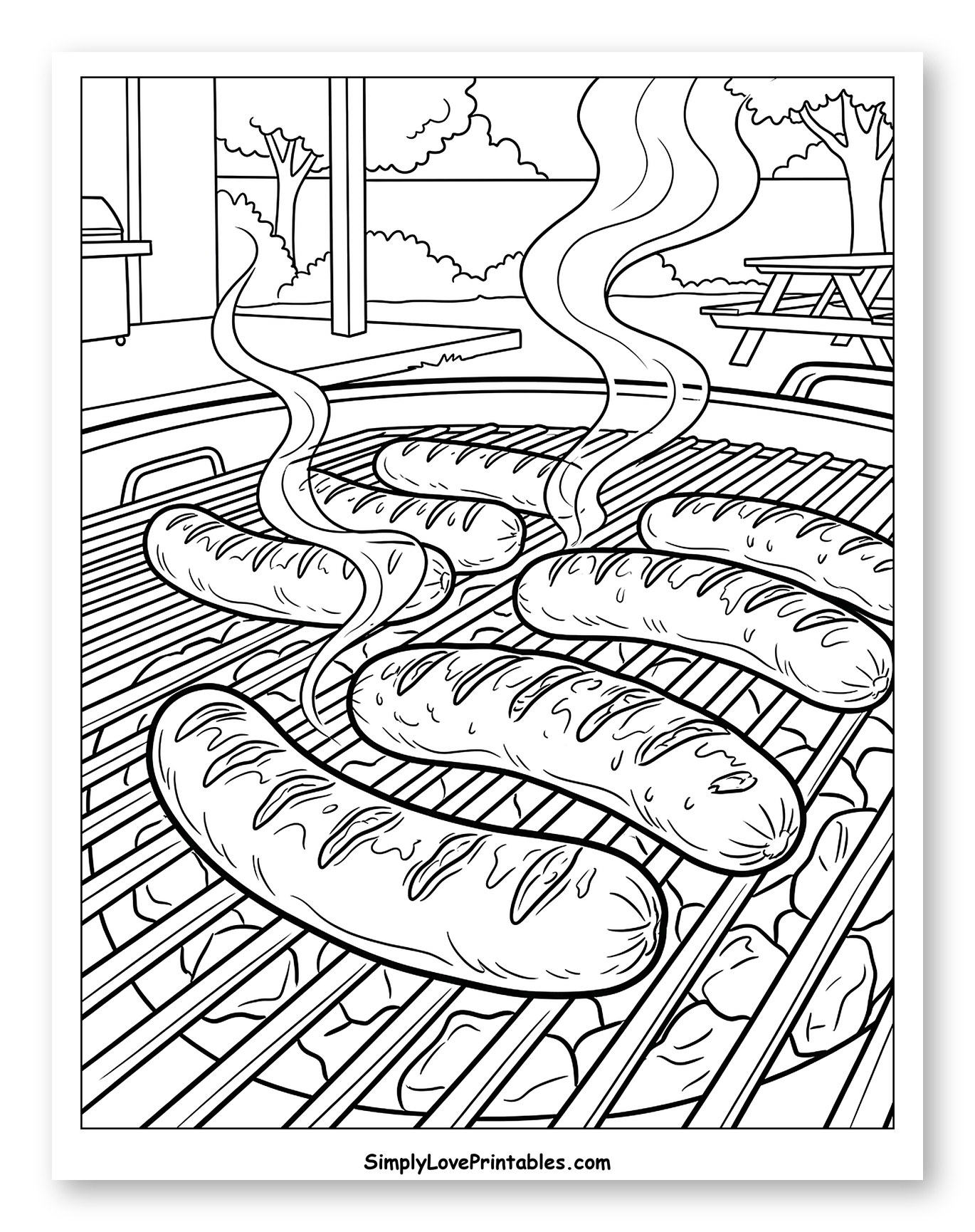 Sausages Grilling on a Backyard BBQ Coloring Page