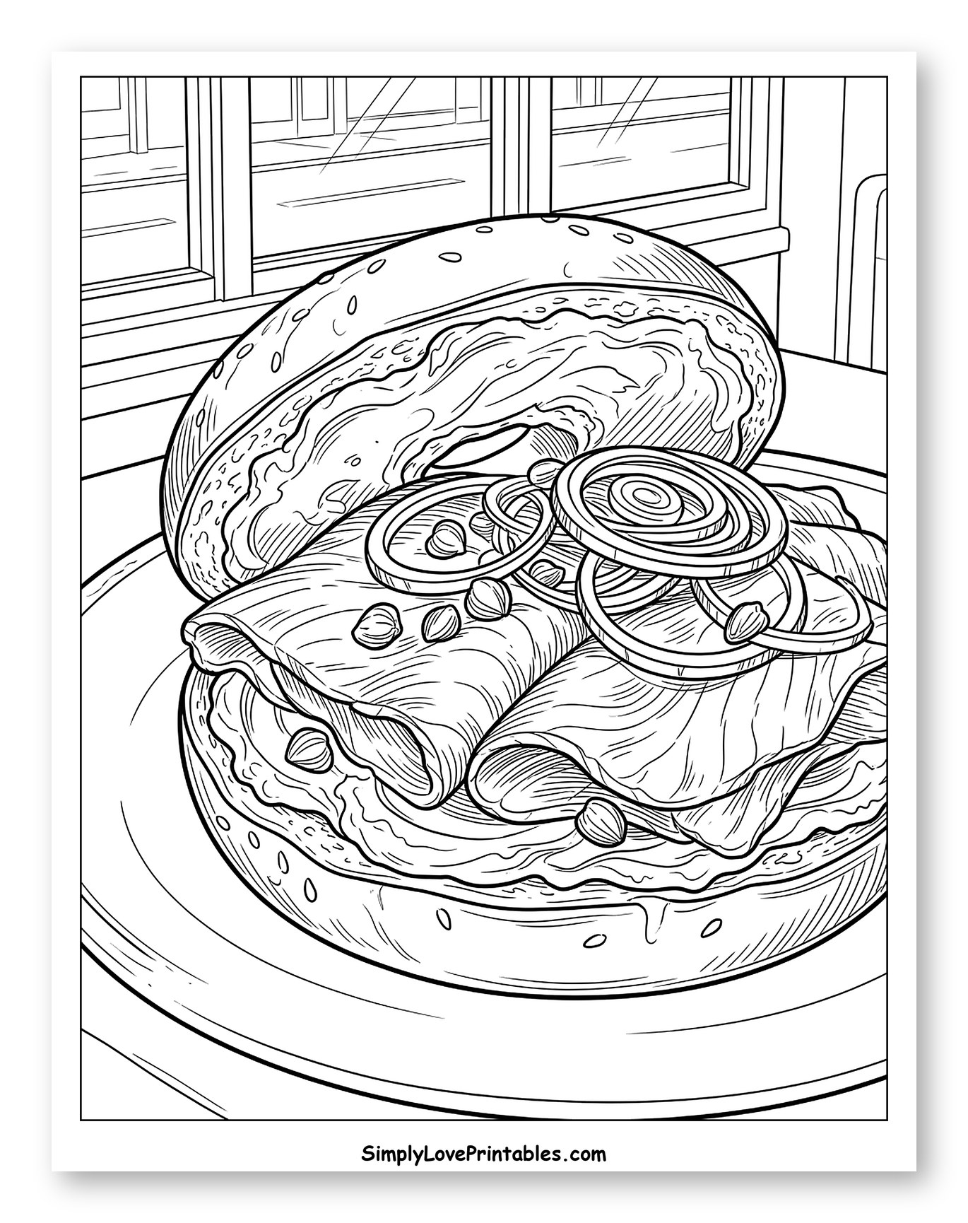 Savory Bagel Sandwich with Sliced Meat and Onion Rings to Color