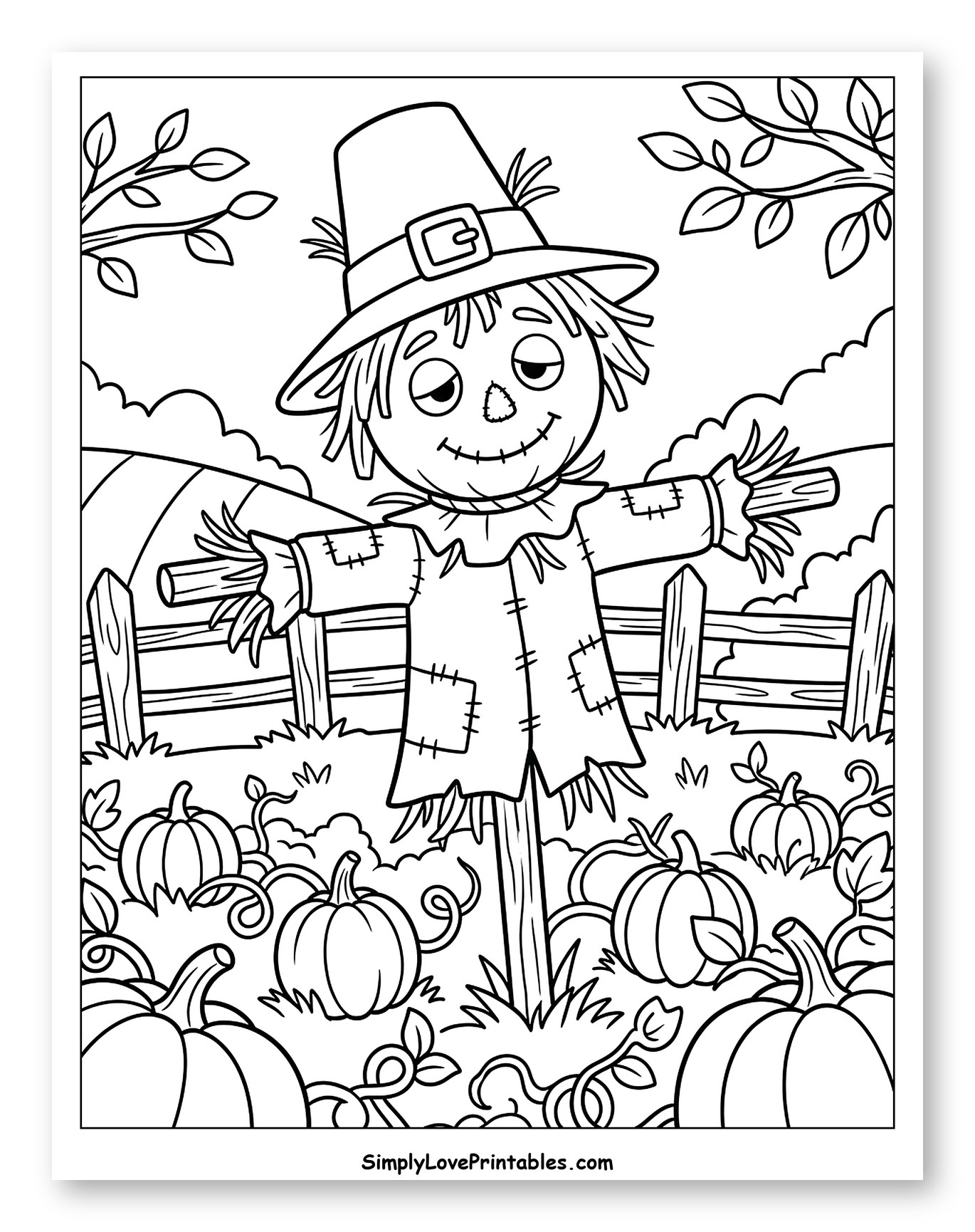Scarecrow in a Pumpkin Patch to Color for Kids