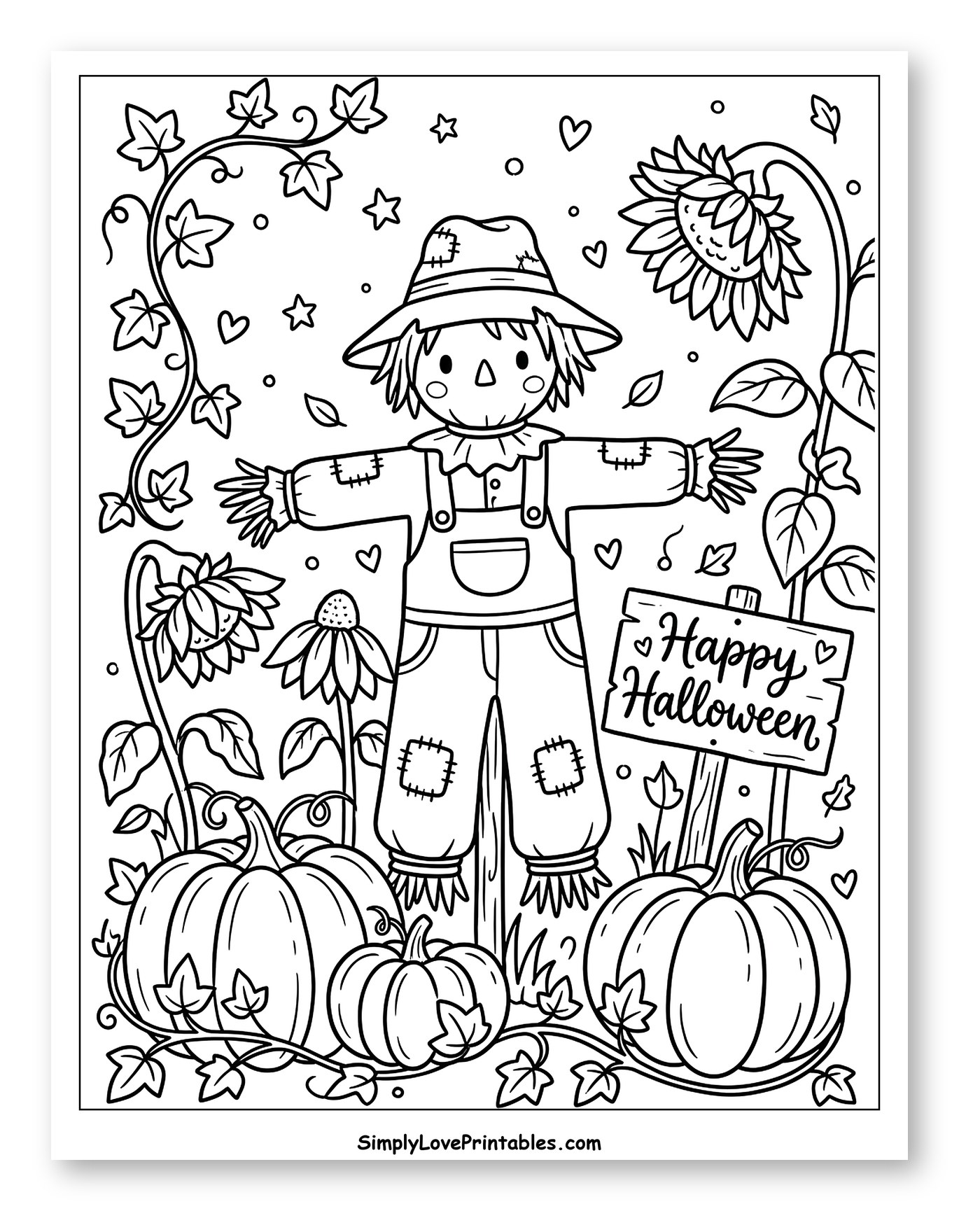 Scarecrow with Pumpkins and Sunflowers Coloring Page for Adults