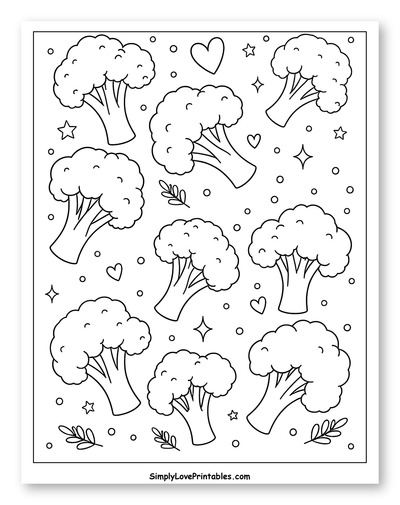 Scattered Broccoli Florets with Hearts and Stars to Color for Adults