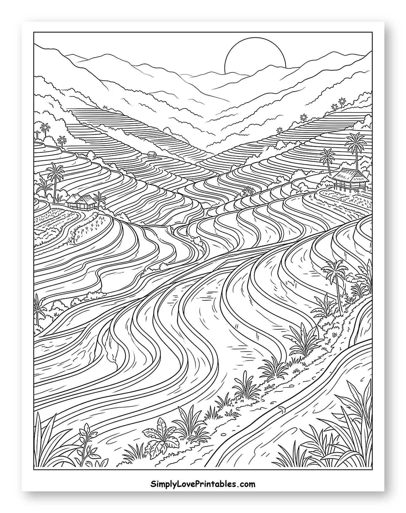 Scenic View of Rice Fields and Mountains Coloring Page