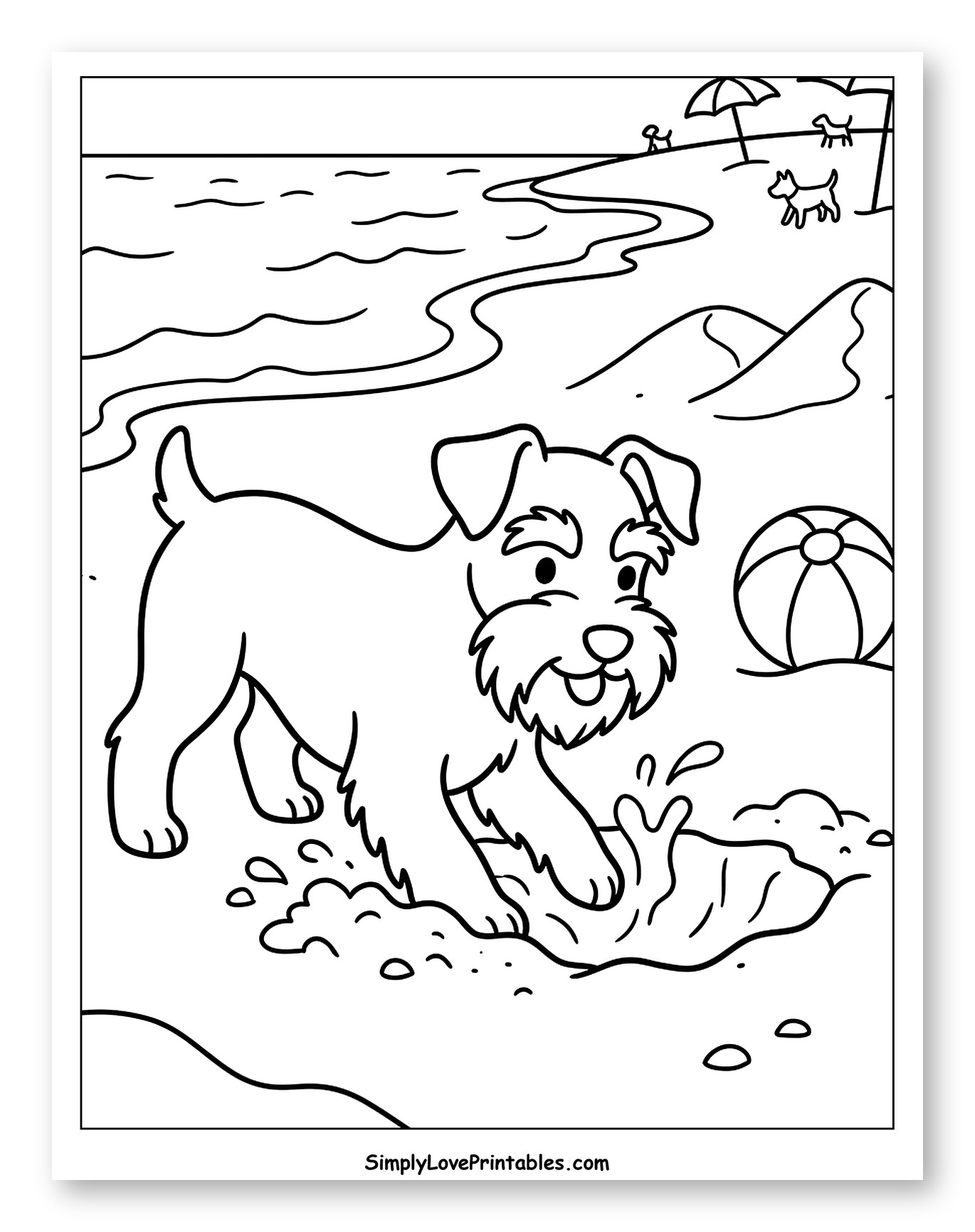 Schnauzer Puppy Splashing Sand on the Beach Coloring Sheet for Kids