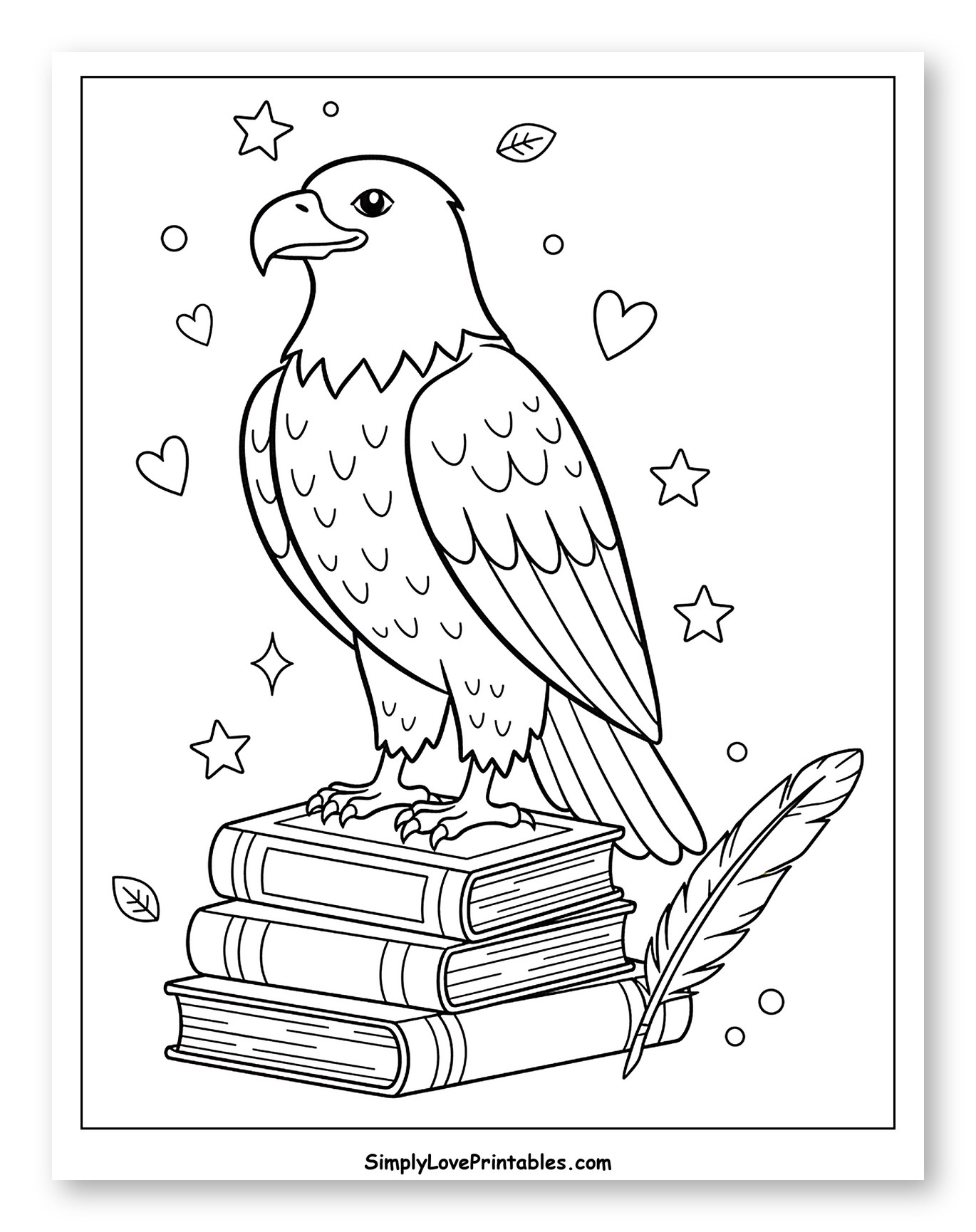 Scholarly Eagle on Books with Quill Pen Coloring Sheet for Adults