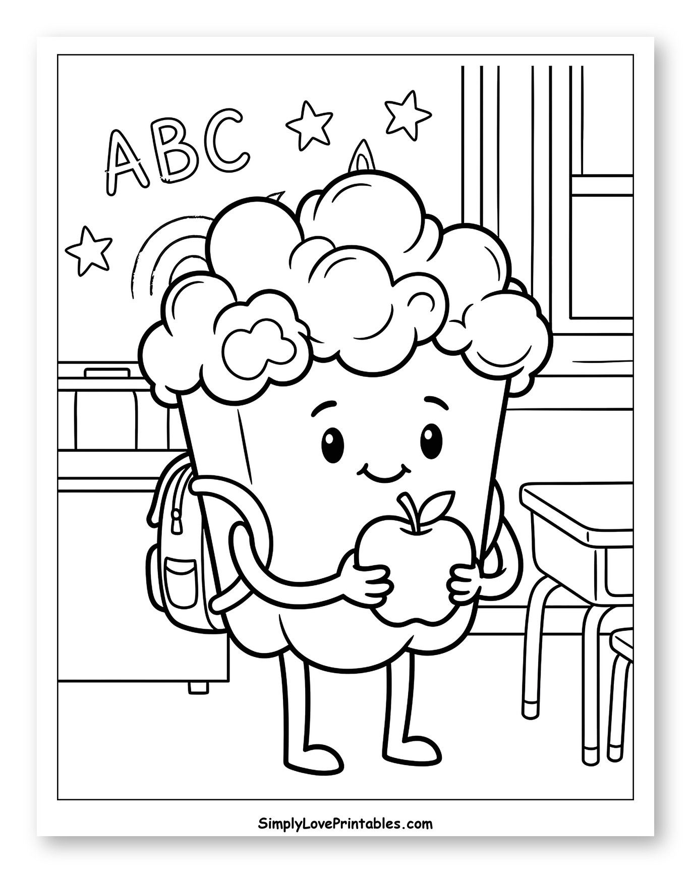 School Popcorn Character Holding an Apple to Color for Kids