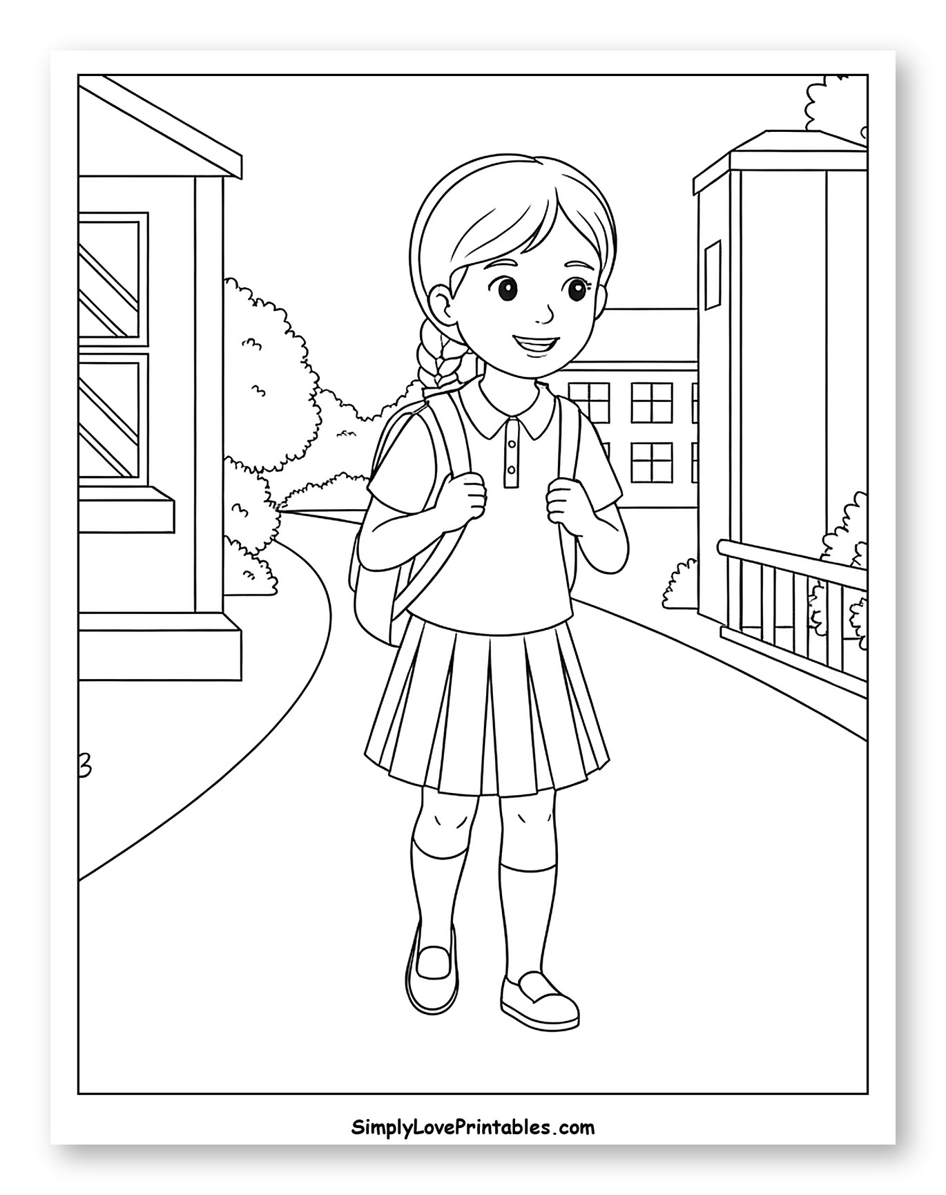 Schoolgirl Walking on Path with Backpack and Skirt