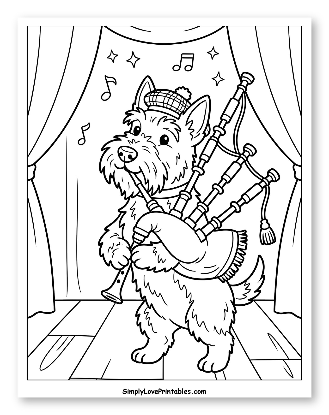 Scottie Dog Playing Bagpipes on Stage