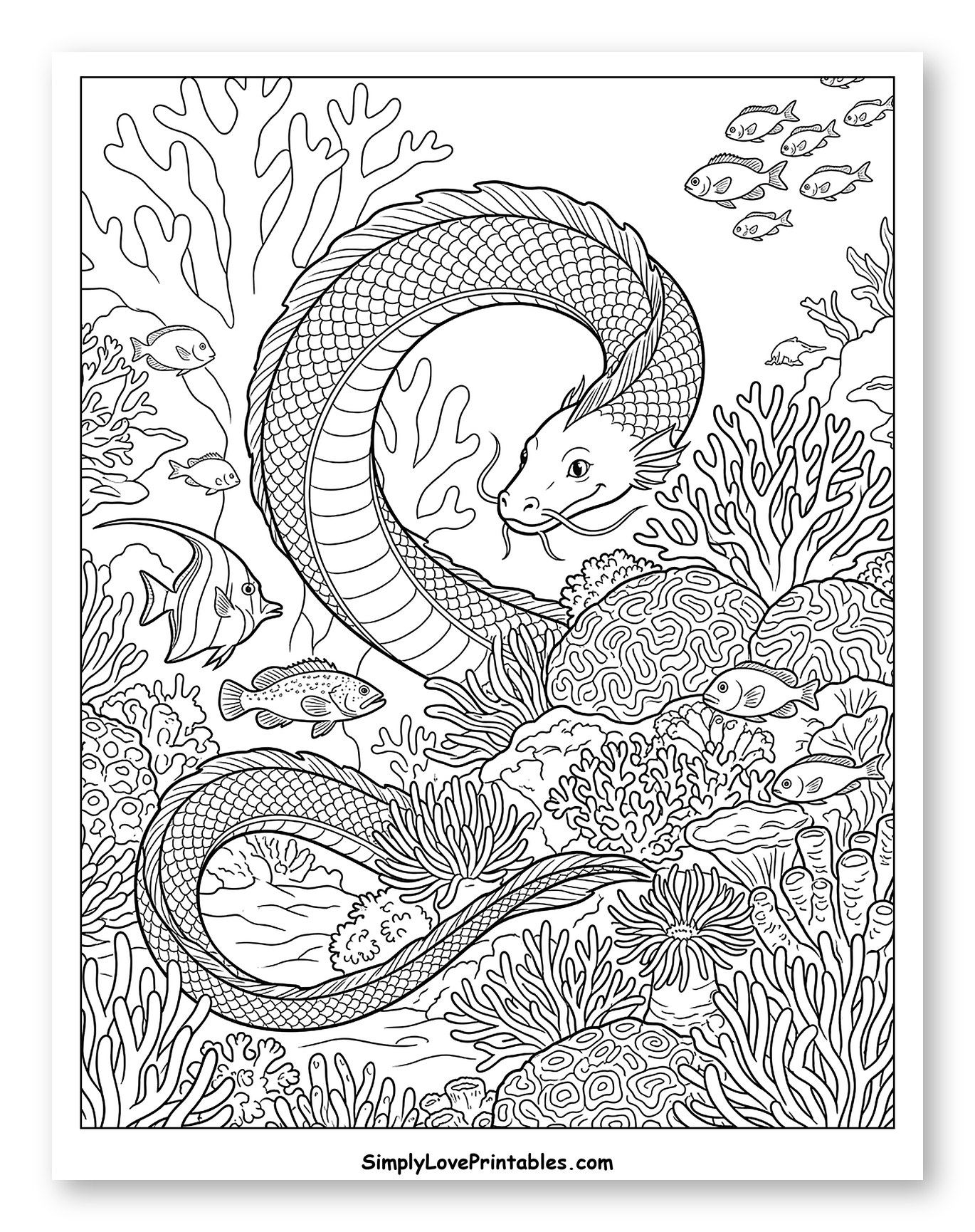 Sea Serpent Among Corals and Fish to Color