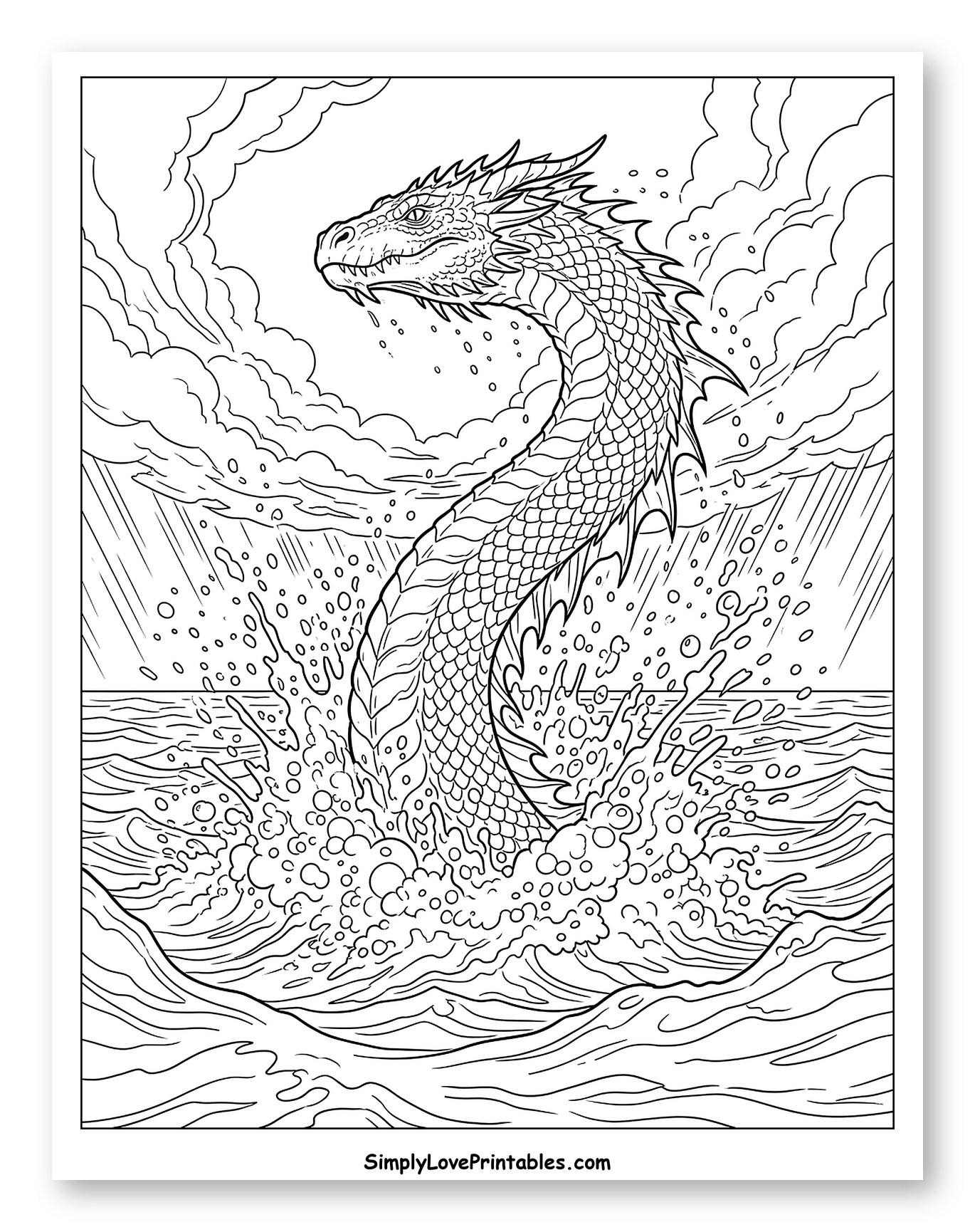 Sea Serpent Emerging From Stormy Waters Coloring Sheet