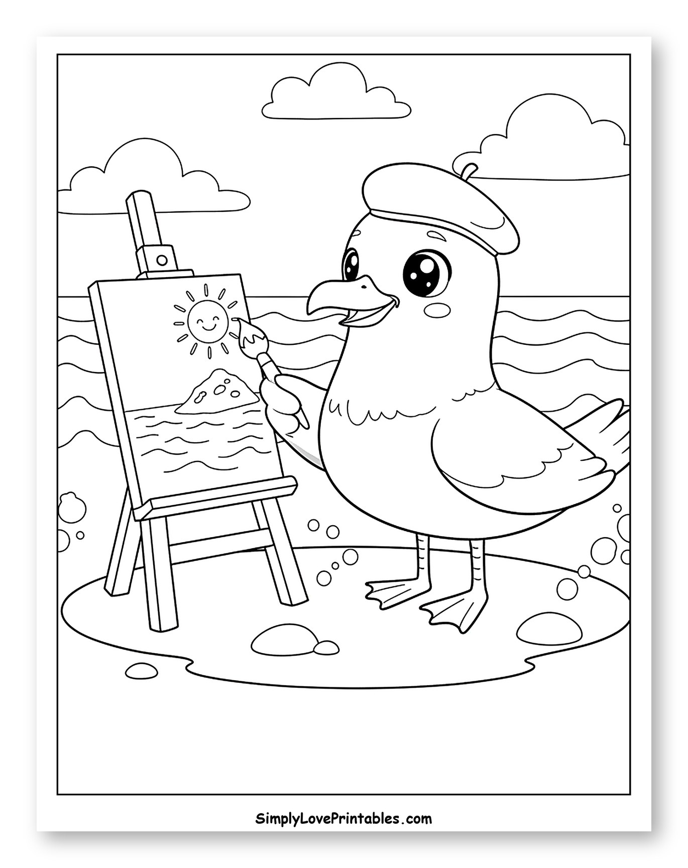Seagull Artist Painting a Sunny Beach Scene