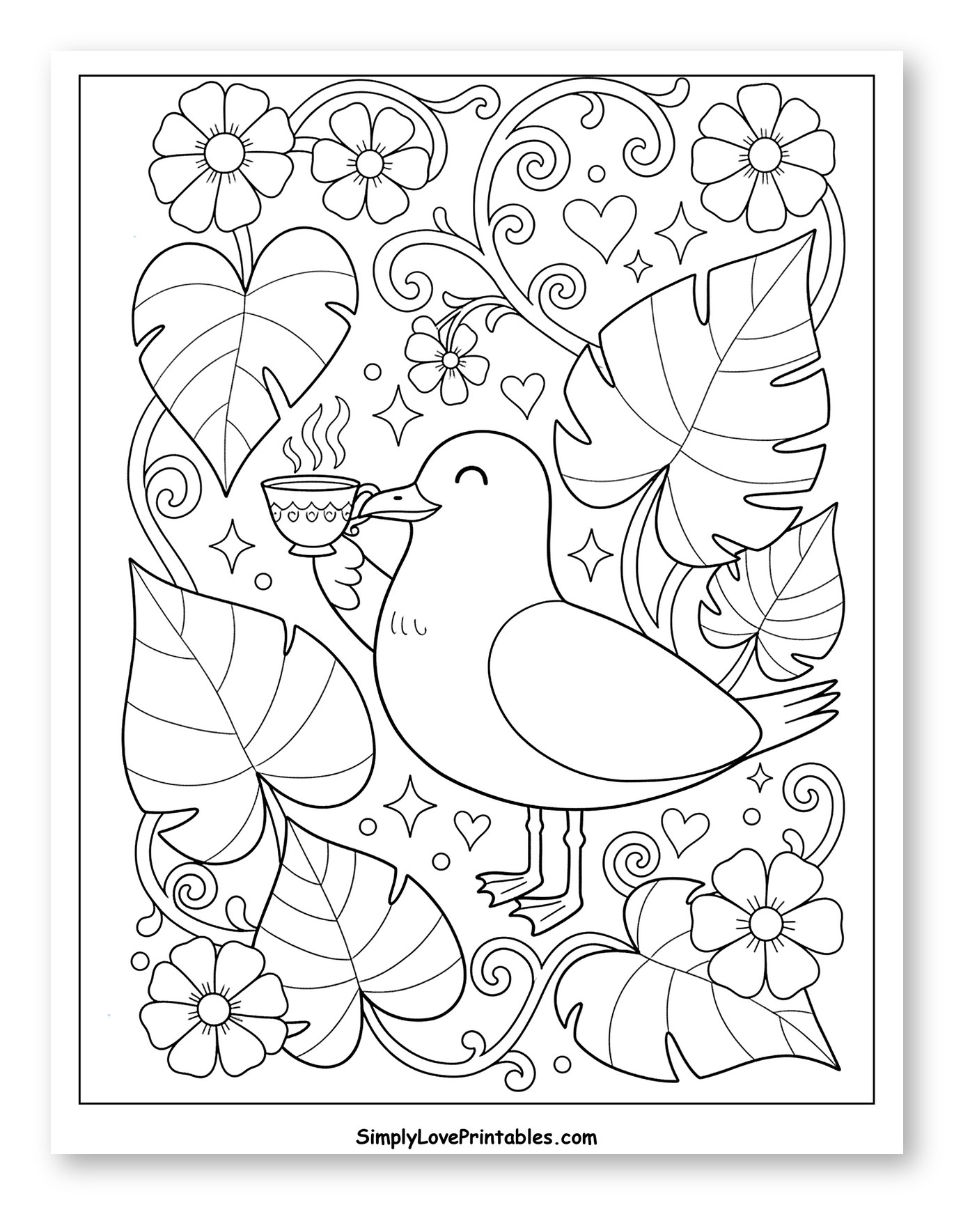 Seagull Drinking Tea Amidst Tropical Foliage to Color for Adults