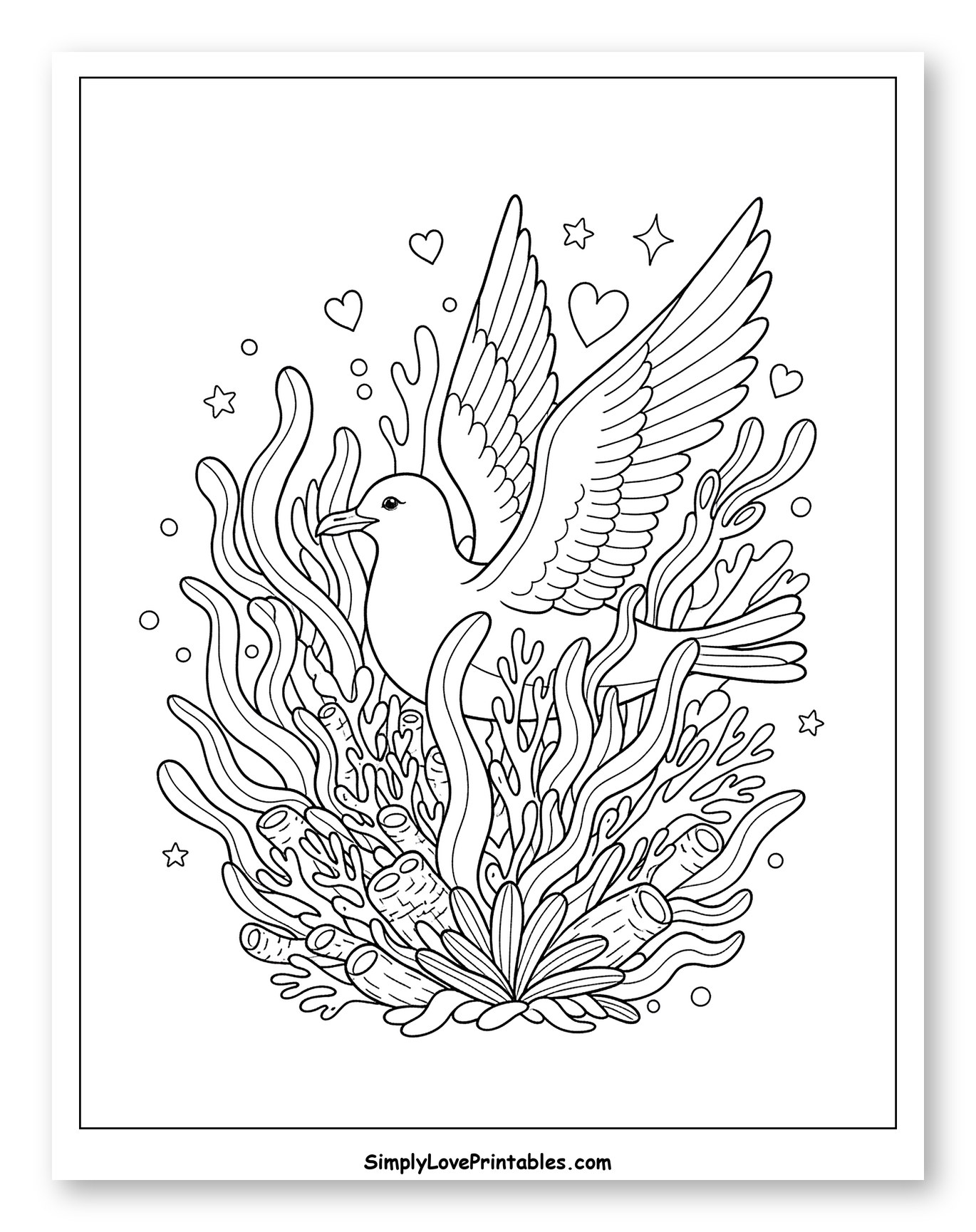 Seagull Flying Among Seaweed and Coral Coloring Sheet for Adults