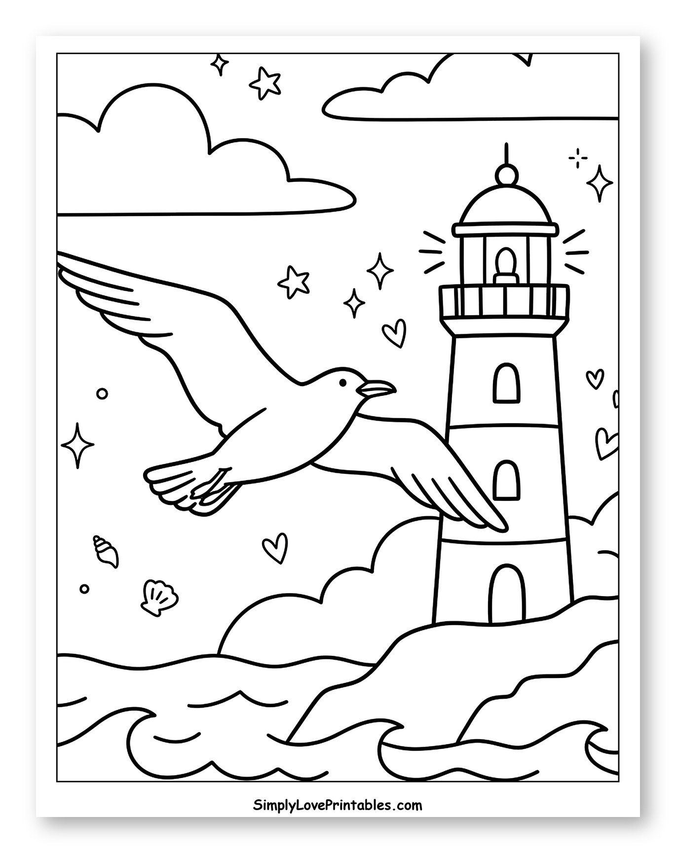 Seagull Flying by a Lighthouse at Sea Coloring Sheet for Adults