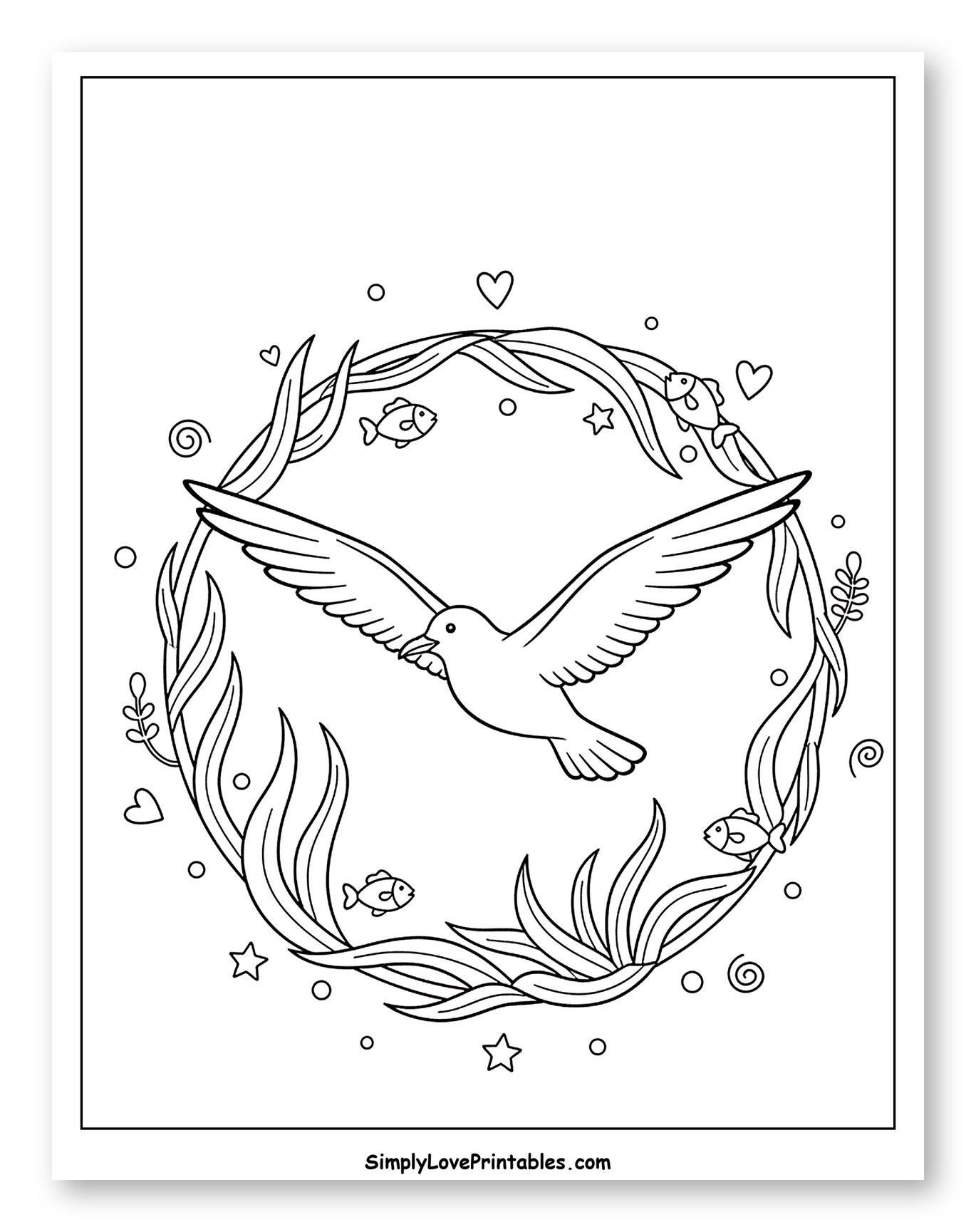 Seagull Flying Through Seaweed Wreath Coloring Sheet for Adults