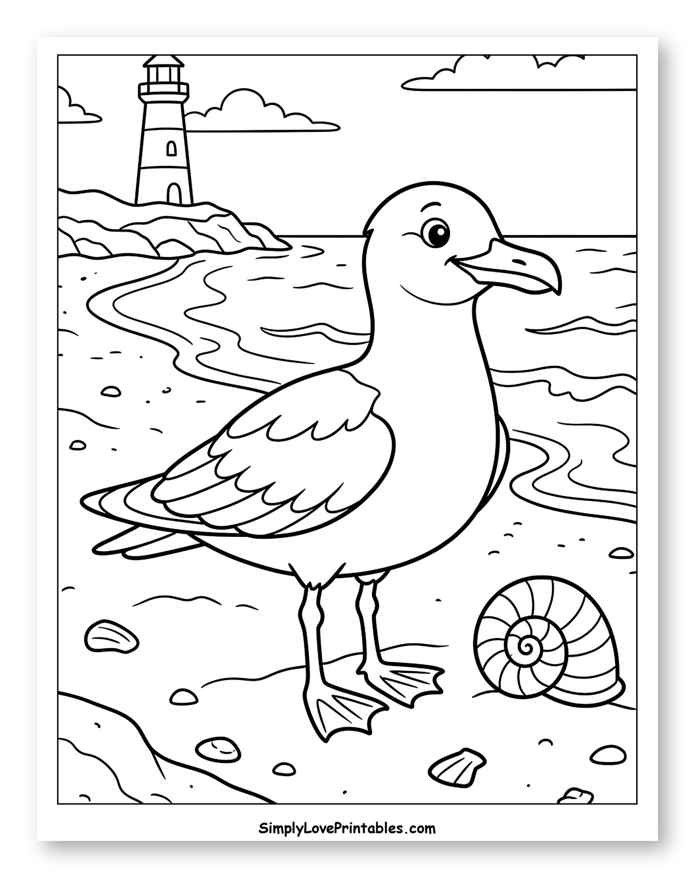 Seagull on the Beach with Lighthouse Coloring Sheet for Kids