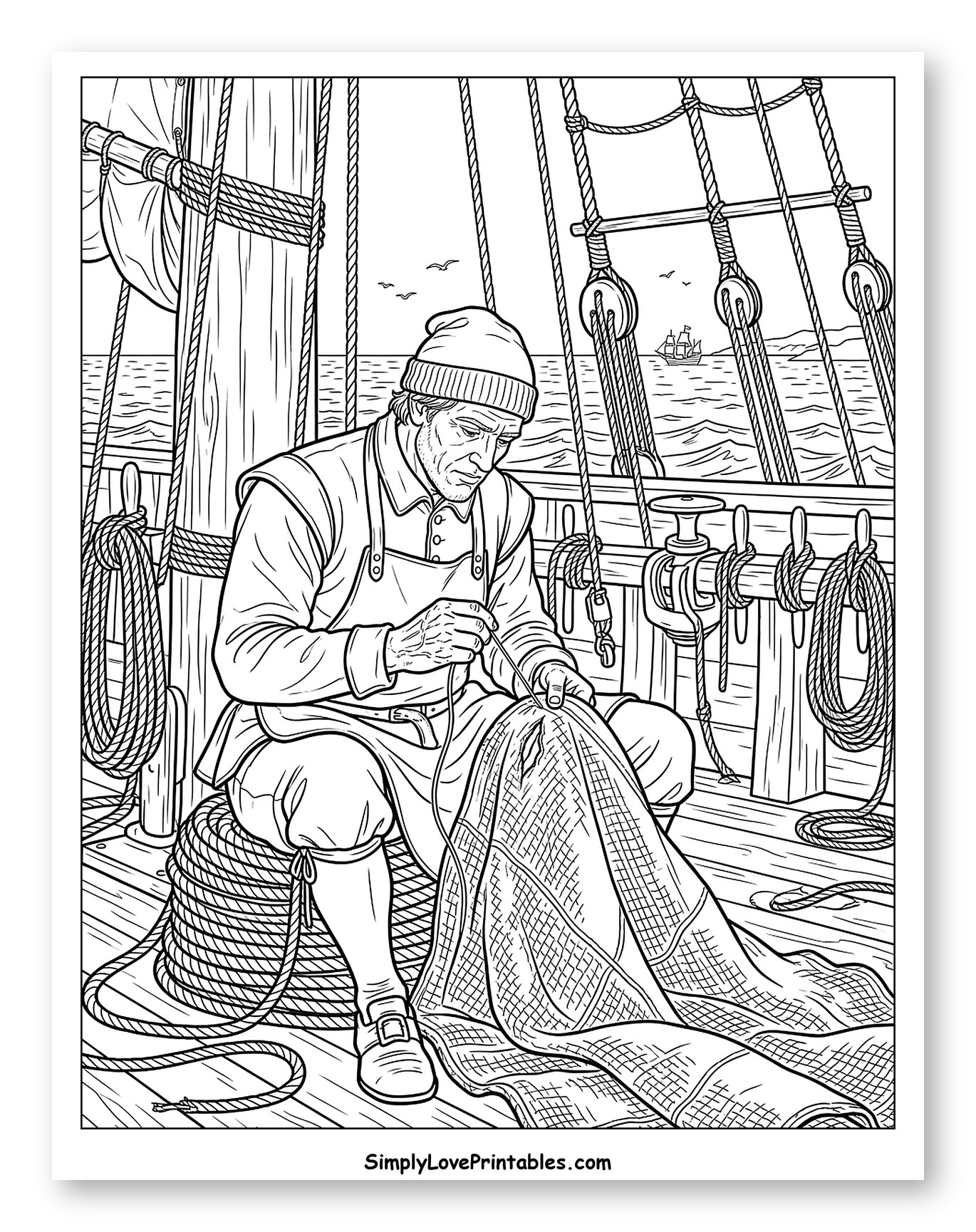 Seaman Mending Fishing Net on Ship Deck to Color