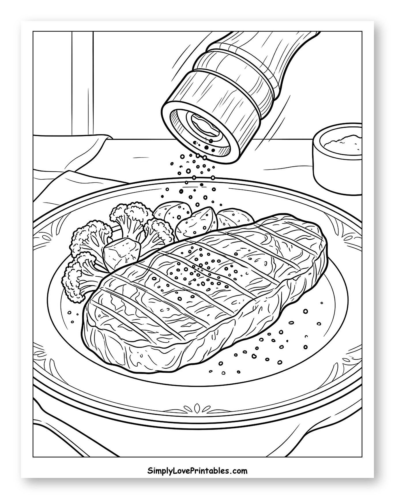 Seasoning a Steak with Pepper and Sides