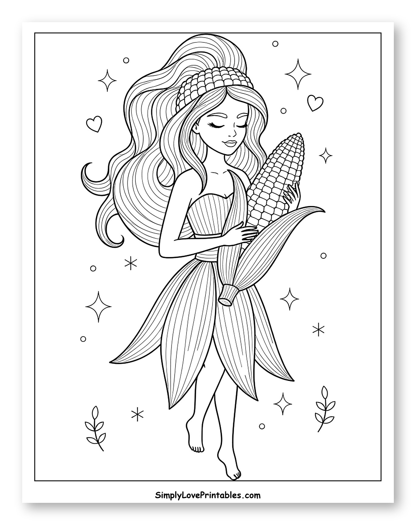 Serene Corn Fairy Holding an Ear of Corn to Color for Adults