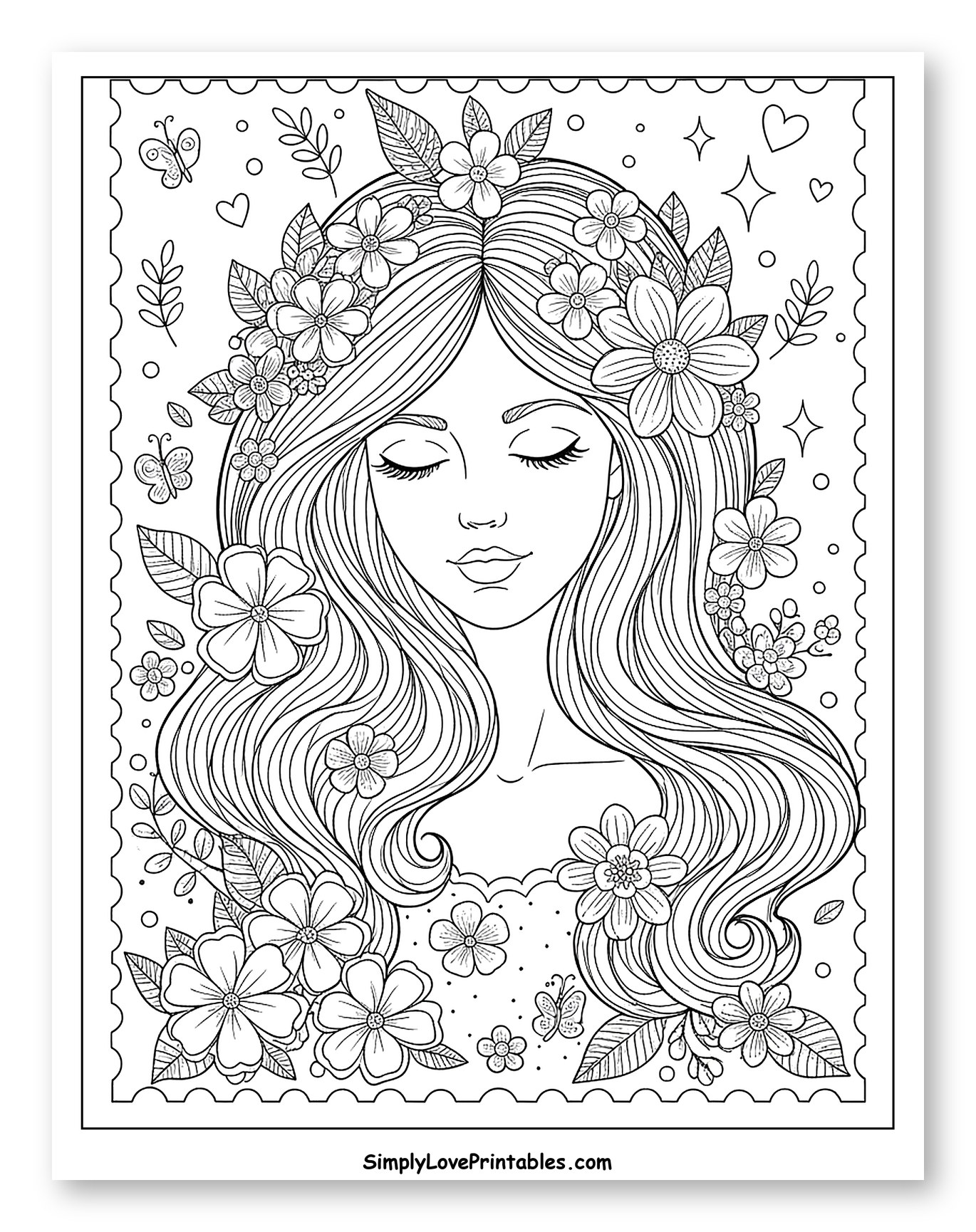 Serene Girl with Flowers and Butterflies Postage Stamp to Color for Adults