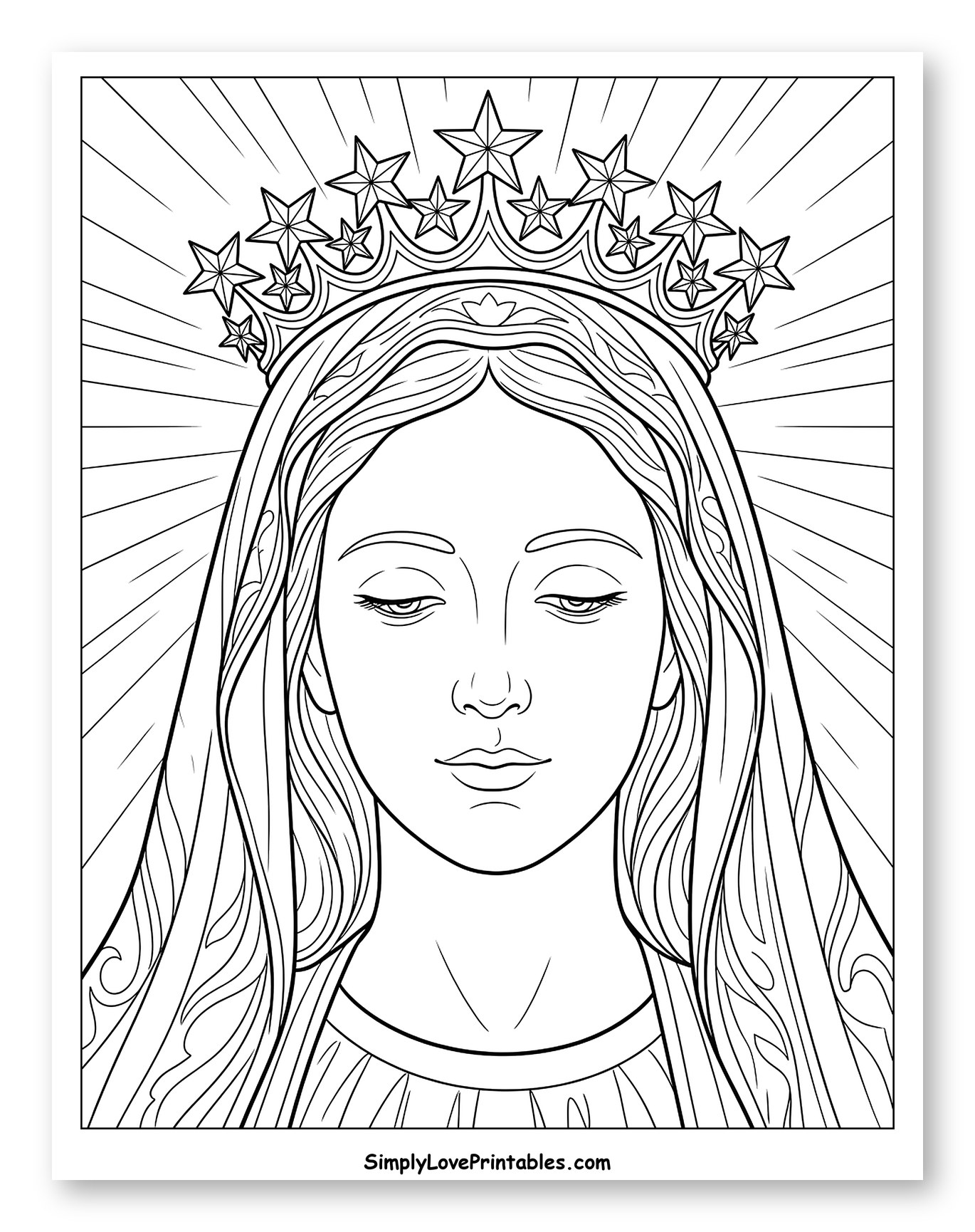 Serene Virgin Mary with Star Crown Coloring Page