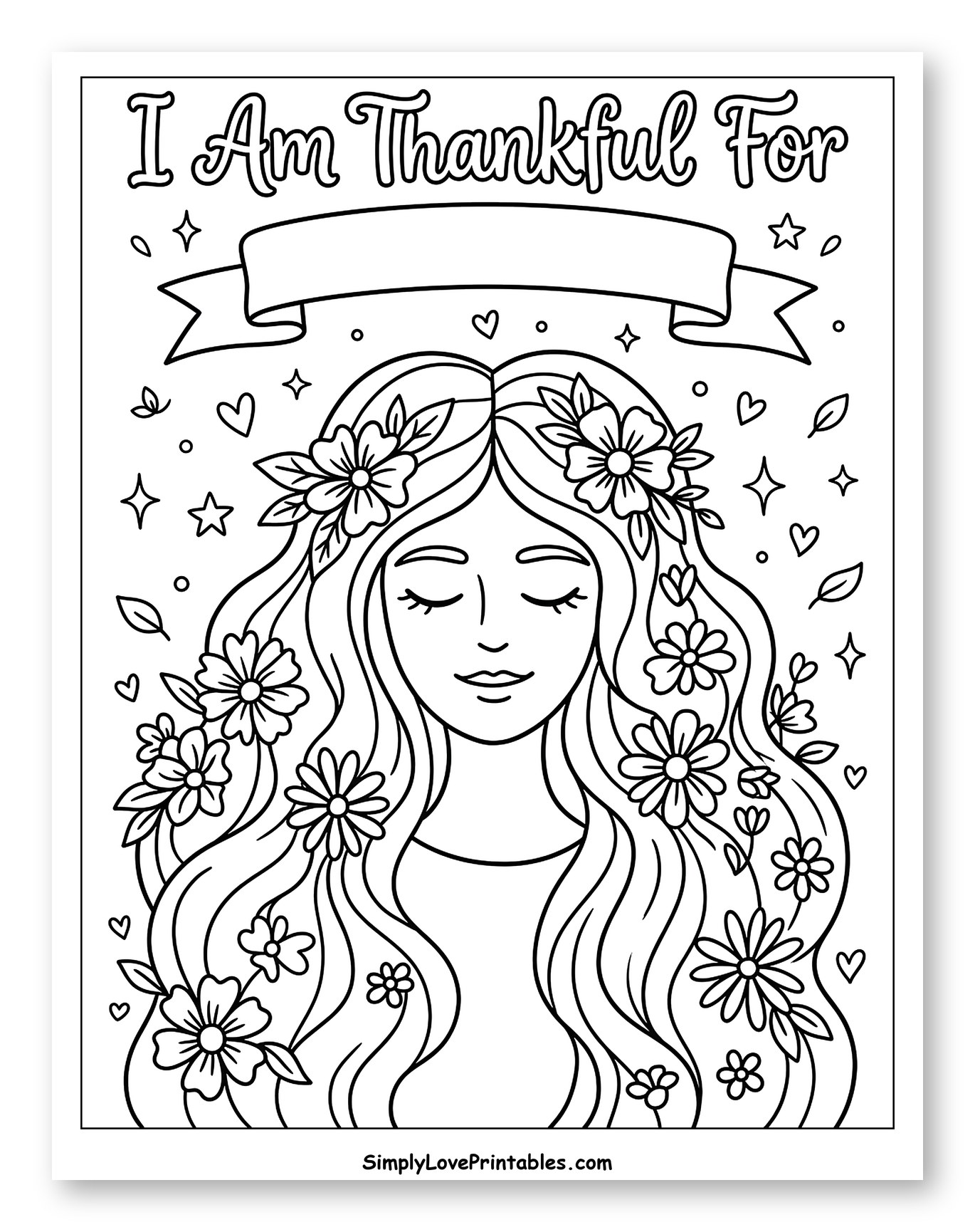 Serene Woman with Flowers and Gratitude Banner