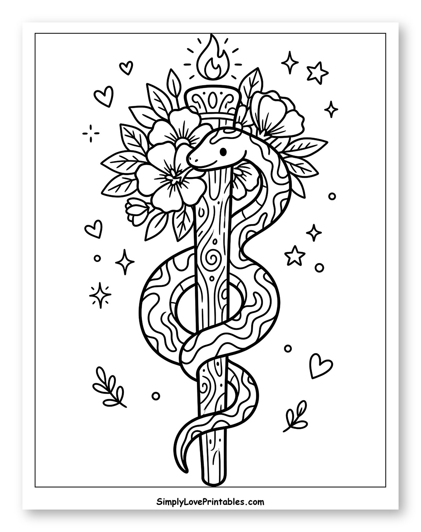 Serpent on Flowered Staff with Flame to Color for Adults