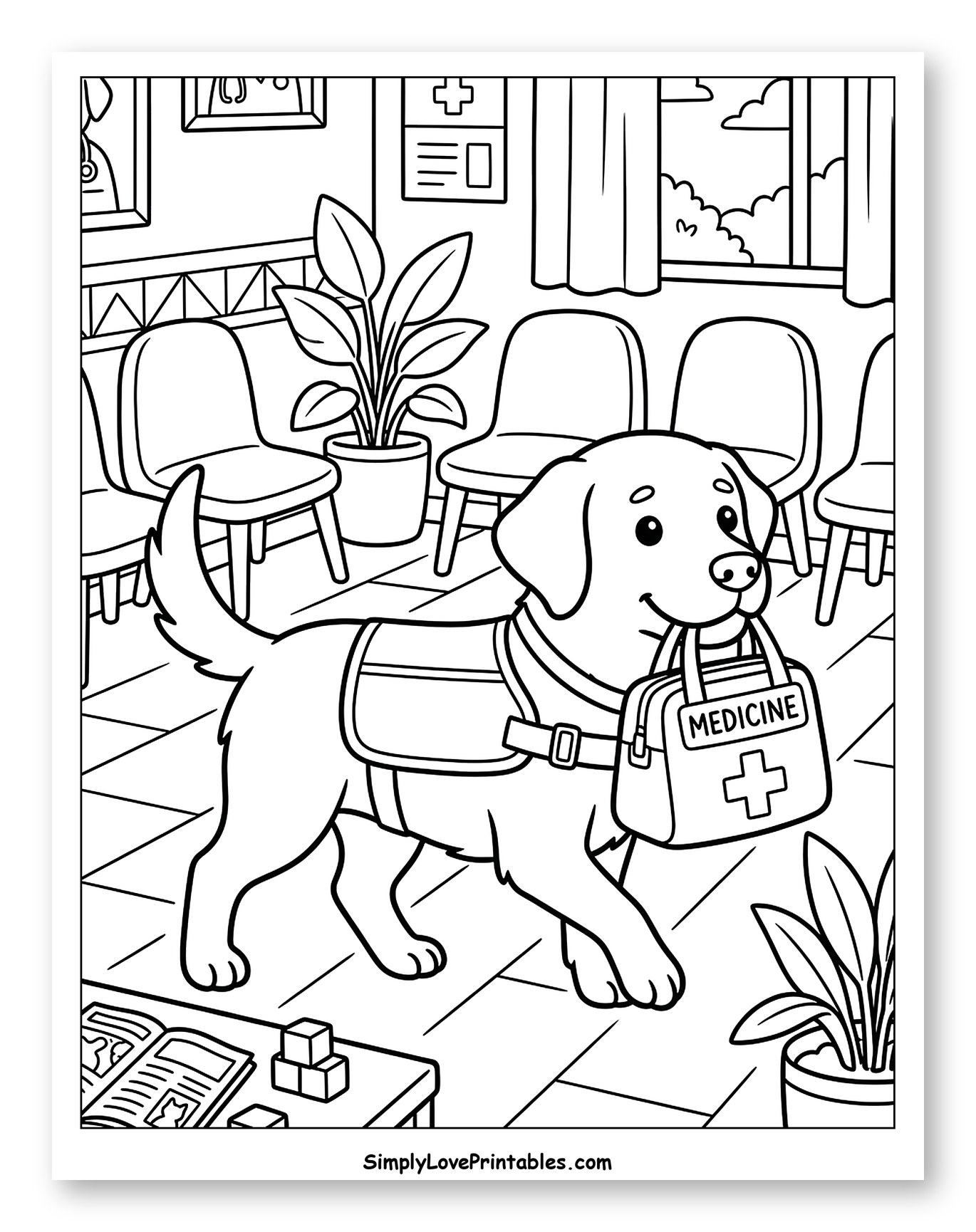 Service Dog Carrying Medicine in Vet Waiting Room