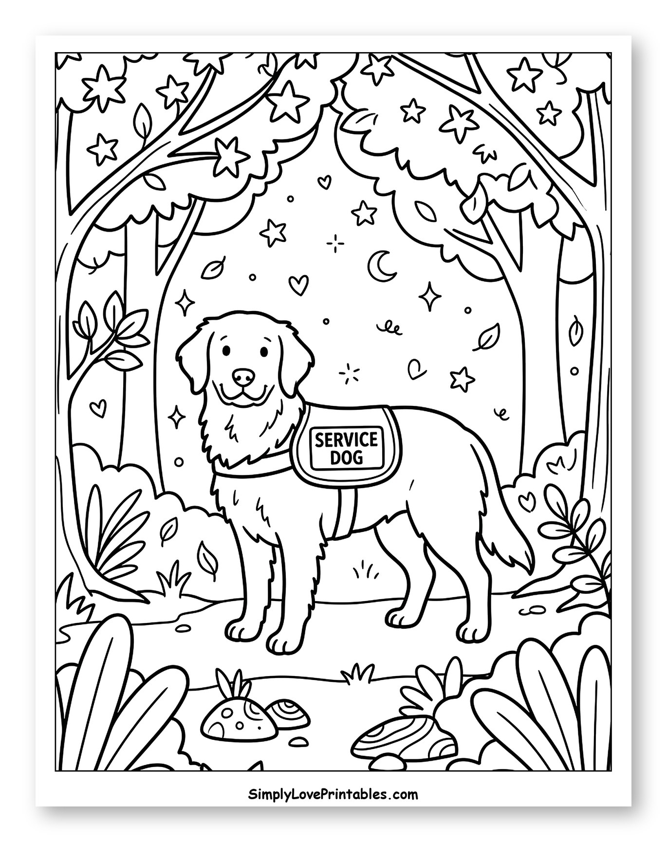 Service Dog in a Starry Forest Coloring Page for Adults