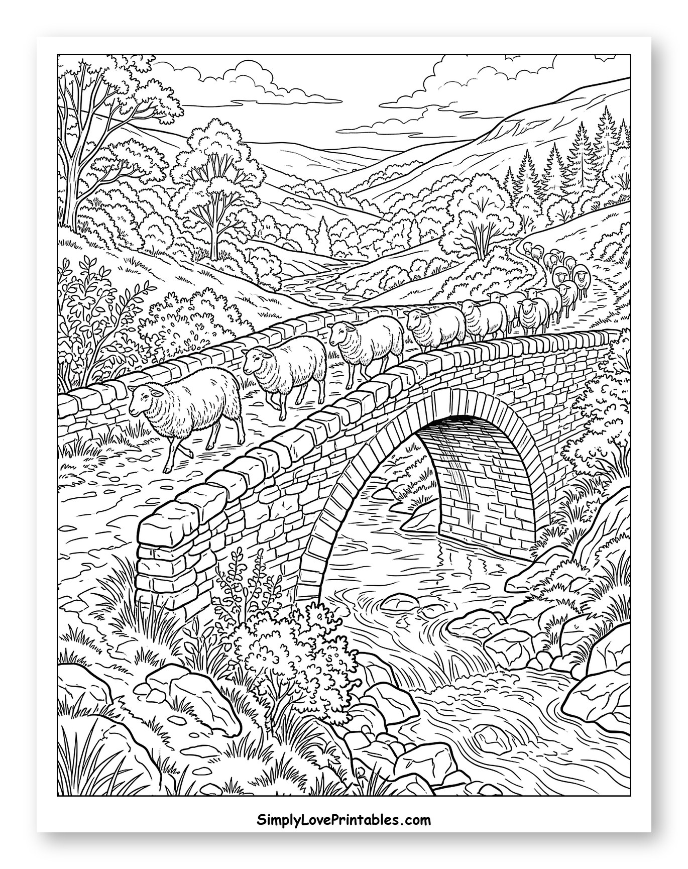 Sheep Crossing Stone Bridge in Valley to Color