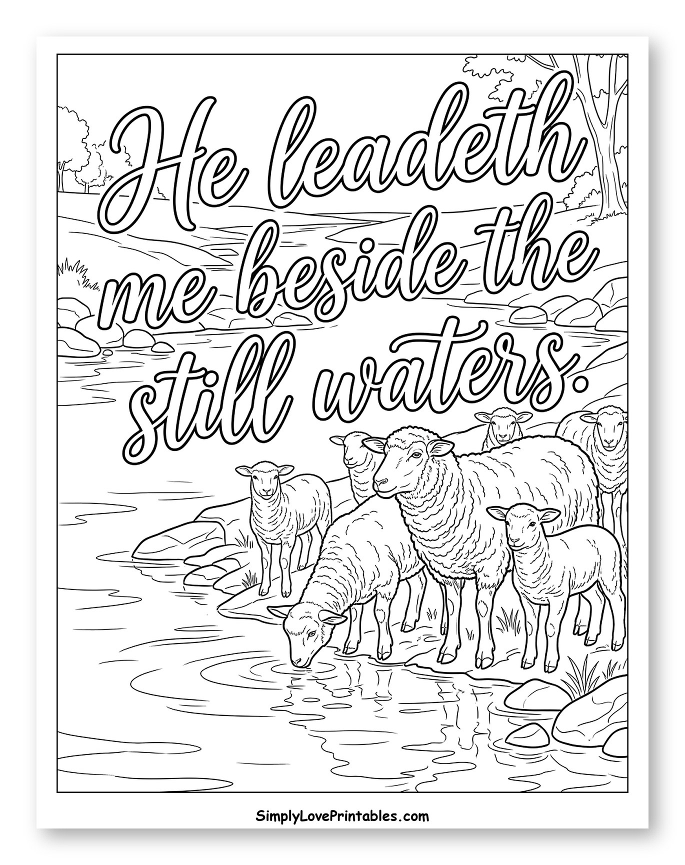 Sheep Drinking from Still Waters with Scripture Coloring Sheet
