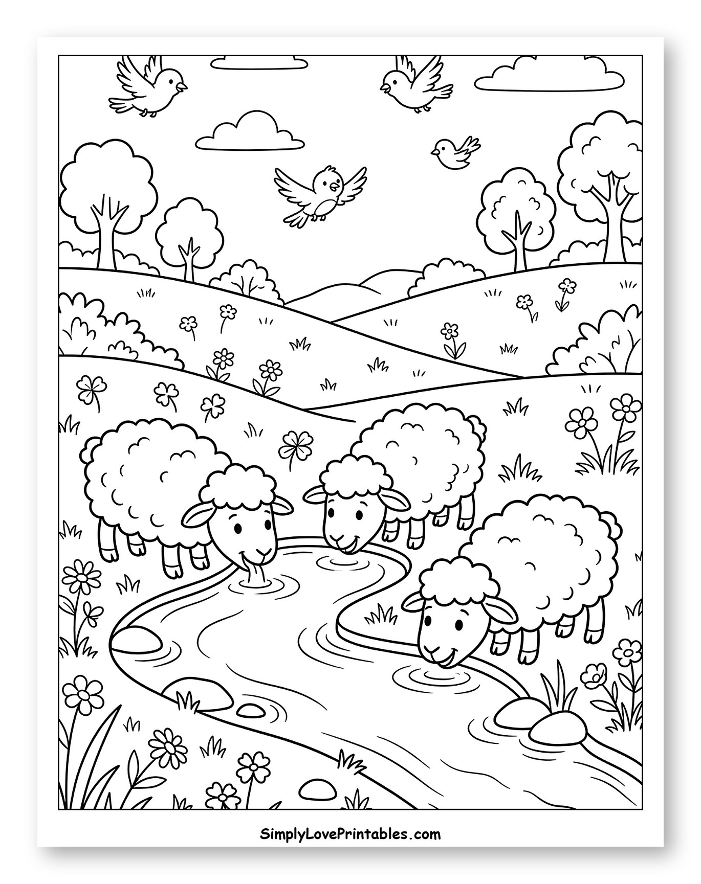 Sheep Drinking Water in a Meadow with Birds Coloring Sheet for Kids