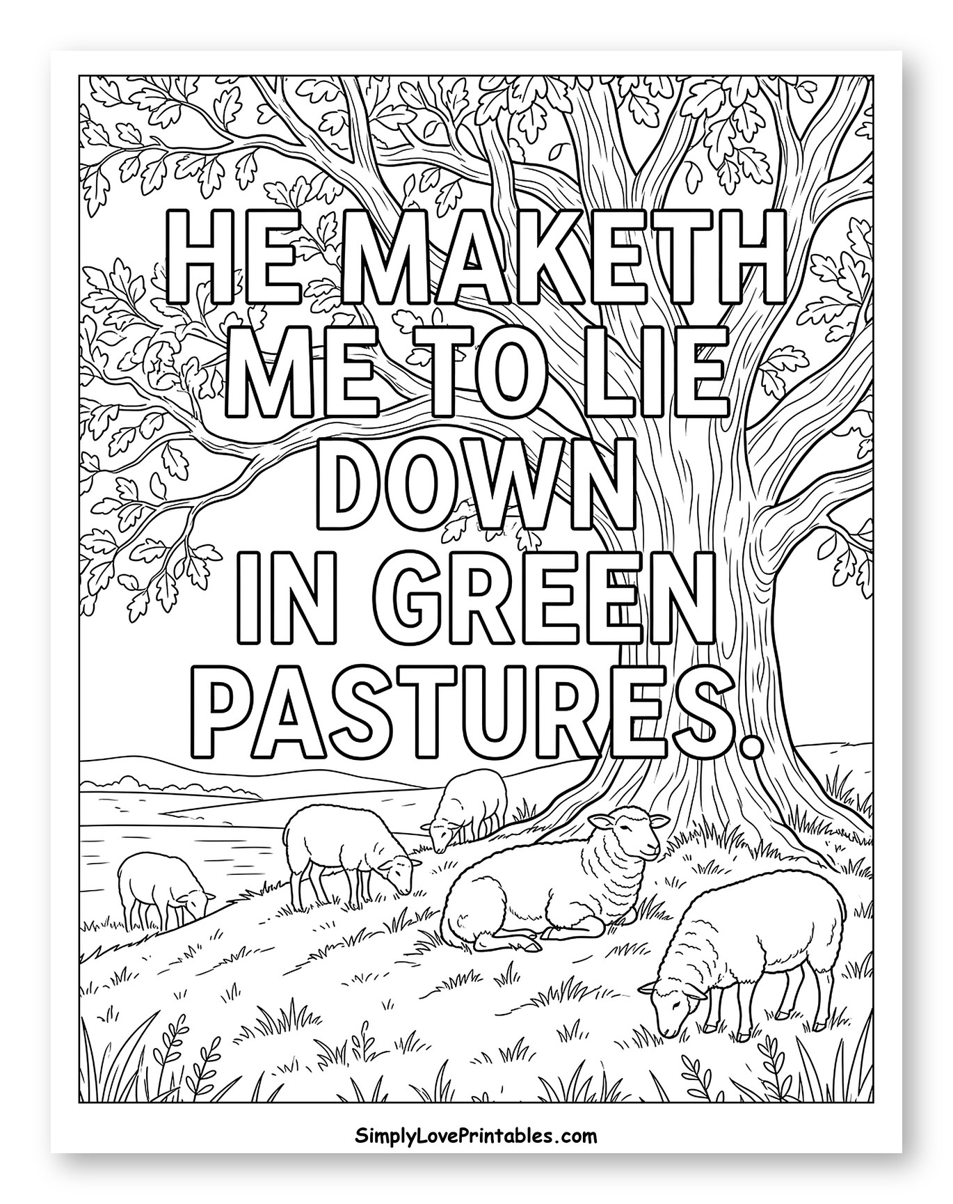 Sheep in Green Pastures with Psalm 23 Verse