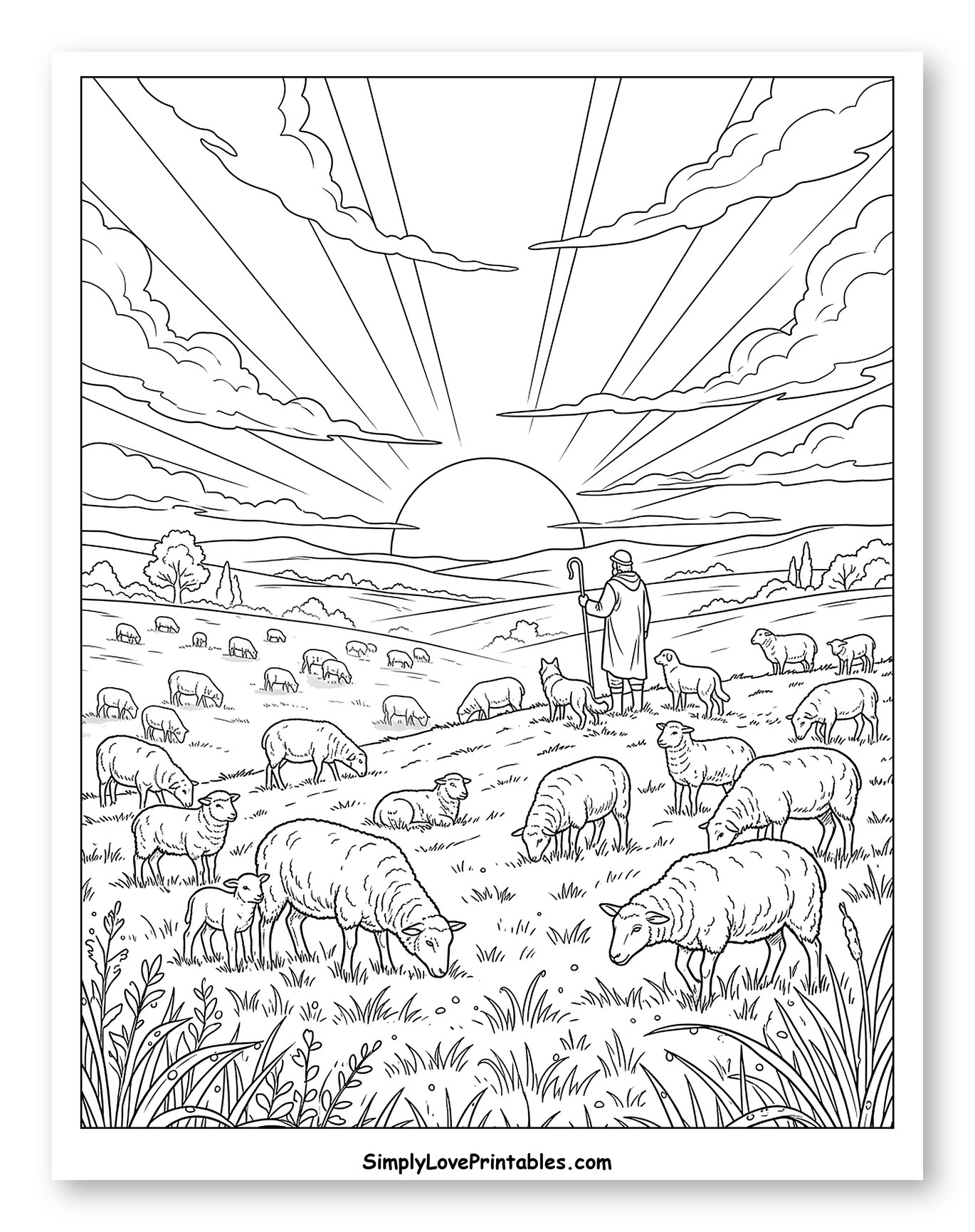 Shepherd and Flock of Sheep at Sunrise Coloring Sheet