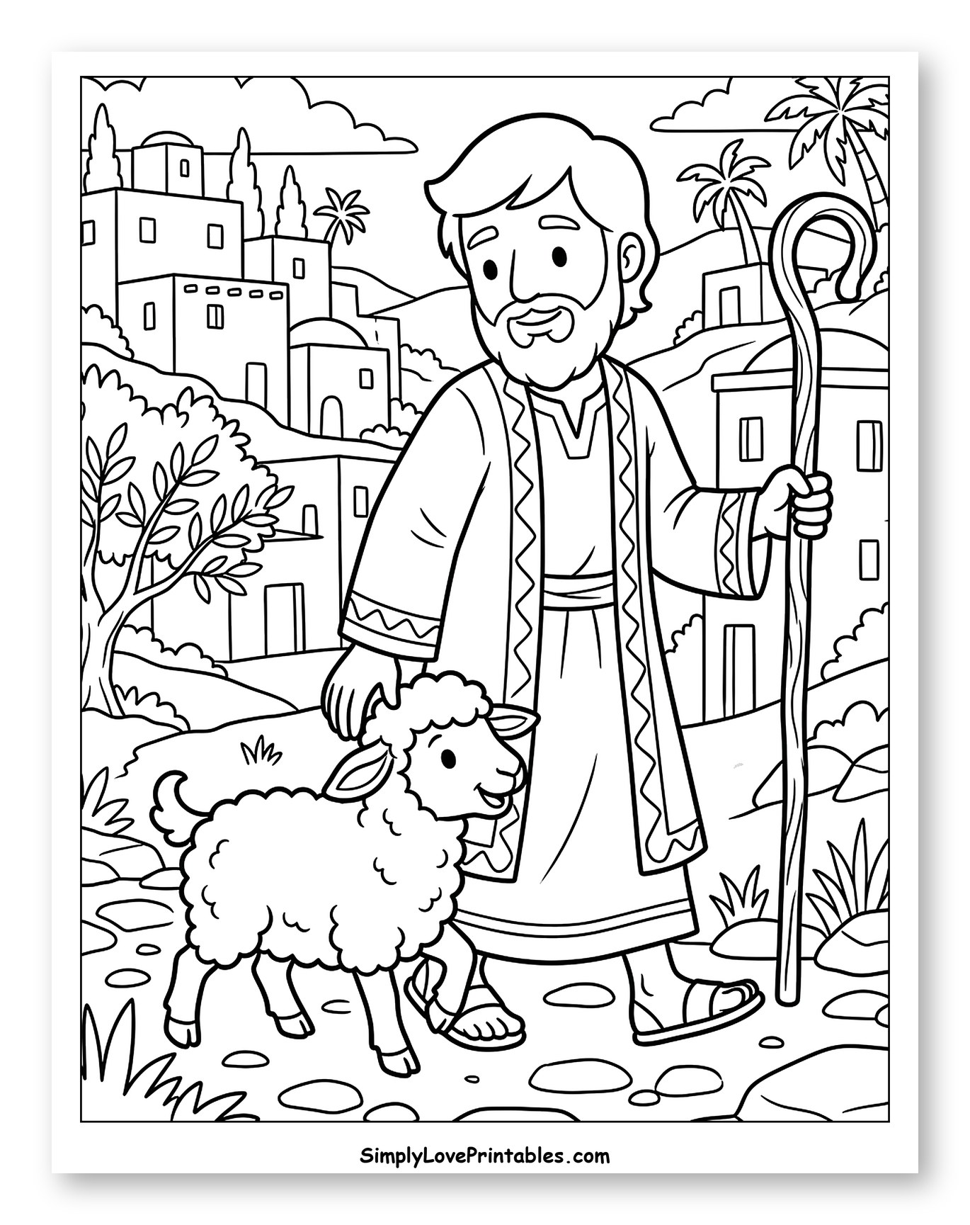 Shepherd and Lamb Walking Through Village