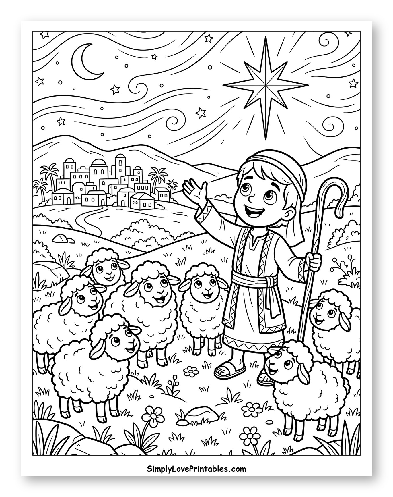 Shepherd and Sheep Gaze at Star of Bethlehem to Color for Kids
