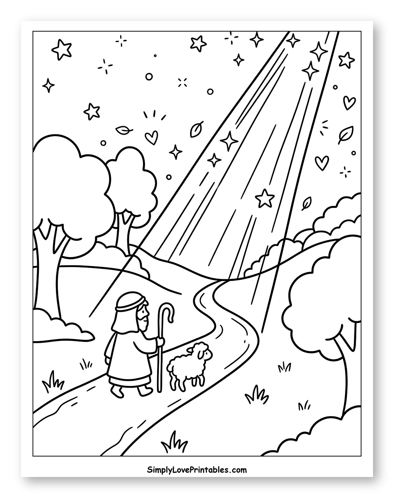 Shepherd and Sheep Under Heavenly Light to Color for Adults